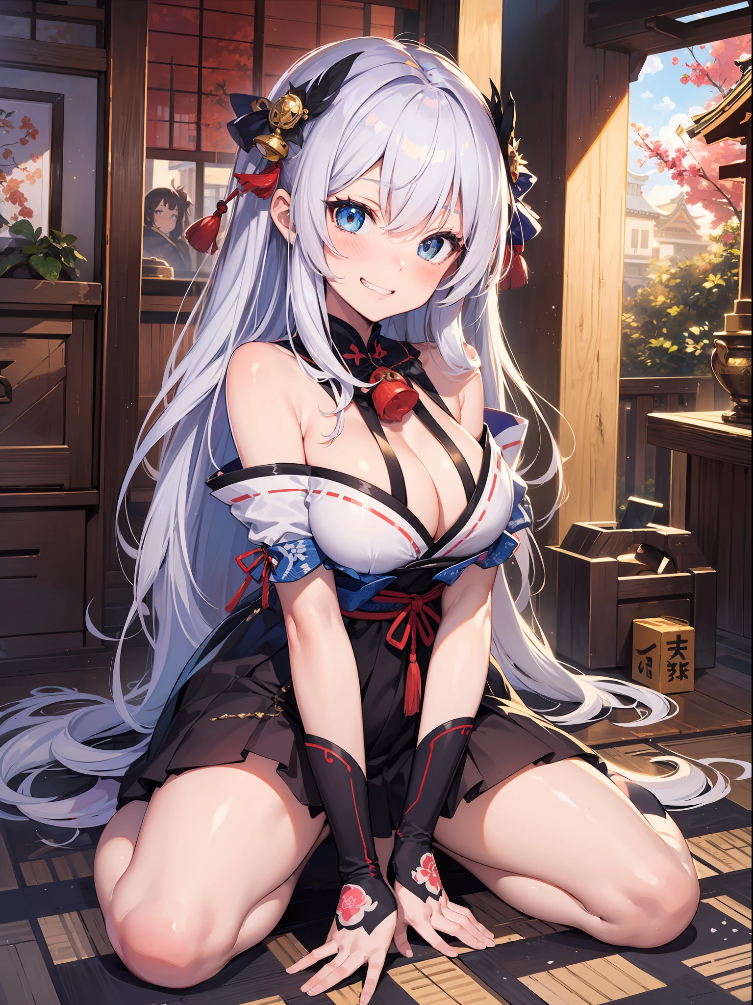 ((masutepiece)), ((Best Quality)), (Ultra-detailed), ((kawaii)), Cute, (lovely), ((Sexy)), (Ero), ((Extremely detailed)), 4K, (8K), Best Quality, (Beautiful), Illustration, Anime style, Painting, Dynamic Angle, Full body, full body Esbian, Angle looking up from below, (Shrine of Japan), Sit in the precincts, Open your legs, Gradation, full body focus, Dim Shrine, Cute s, 1girl in, Solo, shrine maiden, Hair of randomly selected colors, Randomly selected beautiful colored eyes, ((Beautiful eyes)), White-skinned, Randomly selected hairstyles, Buttocks, Big breasts that are about to burst, Smirk, grin, (blush), sparkling effect, Lens Flare, shiny-glistening, gleaming