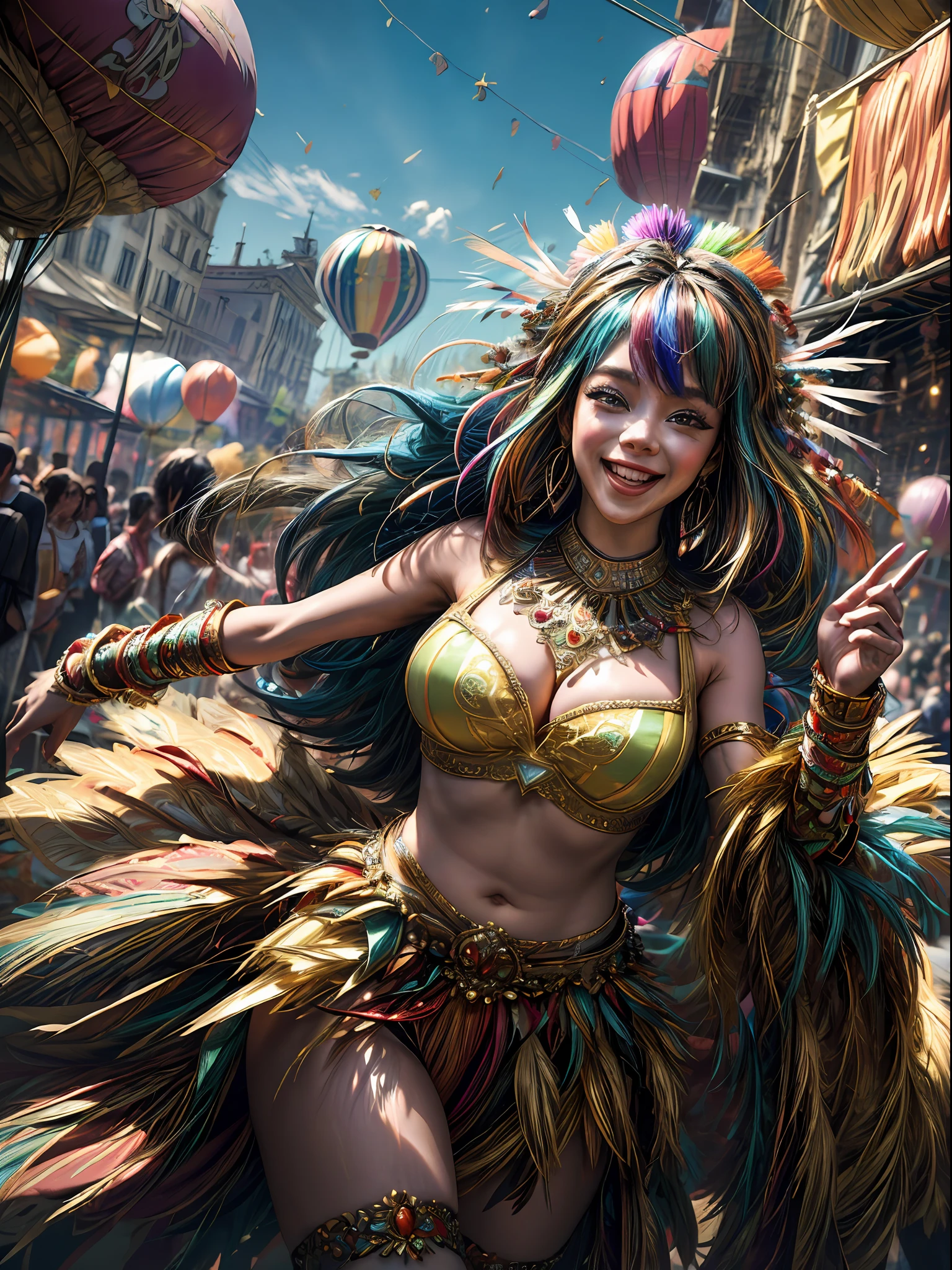 (masterpiece, high resolution, colorful:1.4), joyful crowd, (elaborate costumes:1.3), (feathered headdresses:1.1), dancing parade, (energetic music:1.2), confetti-filled streets, lively atmosphere, (decorative floats:1.1), (bustling market stalls:1.2), (delicious street food:1.1), smiling faces, (balloons:1.3), cheerful balloons, (festive decorations:1.1), (bright lights:1.3), dynamic angle, (flying streamers:1.2), vibrant colors, (dazzling fireworks:1.3), exuberant celebration, (samba dancers:1.2), rhythmic movements