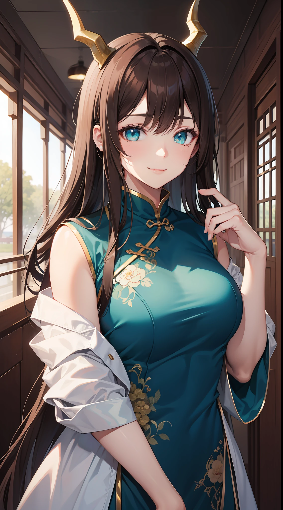 Tall girl, Long brown hair, dragon horns, Cyan eyes, Chinese dress, ssmile, Masterpiece, hiquality