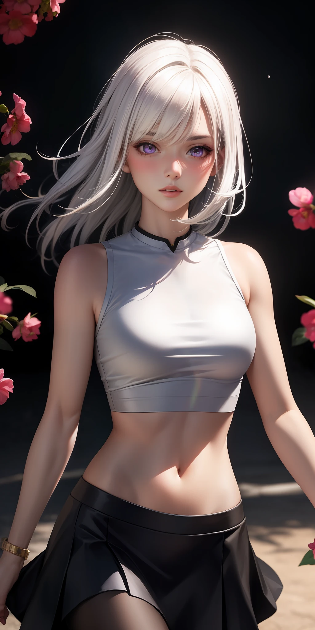 realistic, 1girl, white hair, purple eyes, glowing eyes, crop top, skirt, parted lips, blush, night, flowers, sun, sunlight, exposed