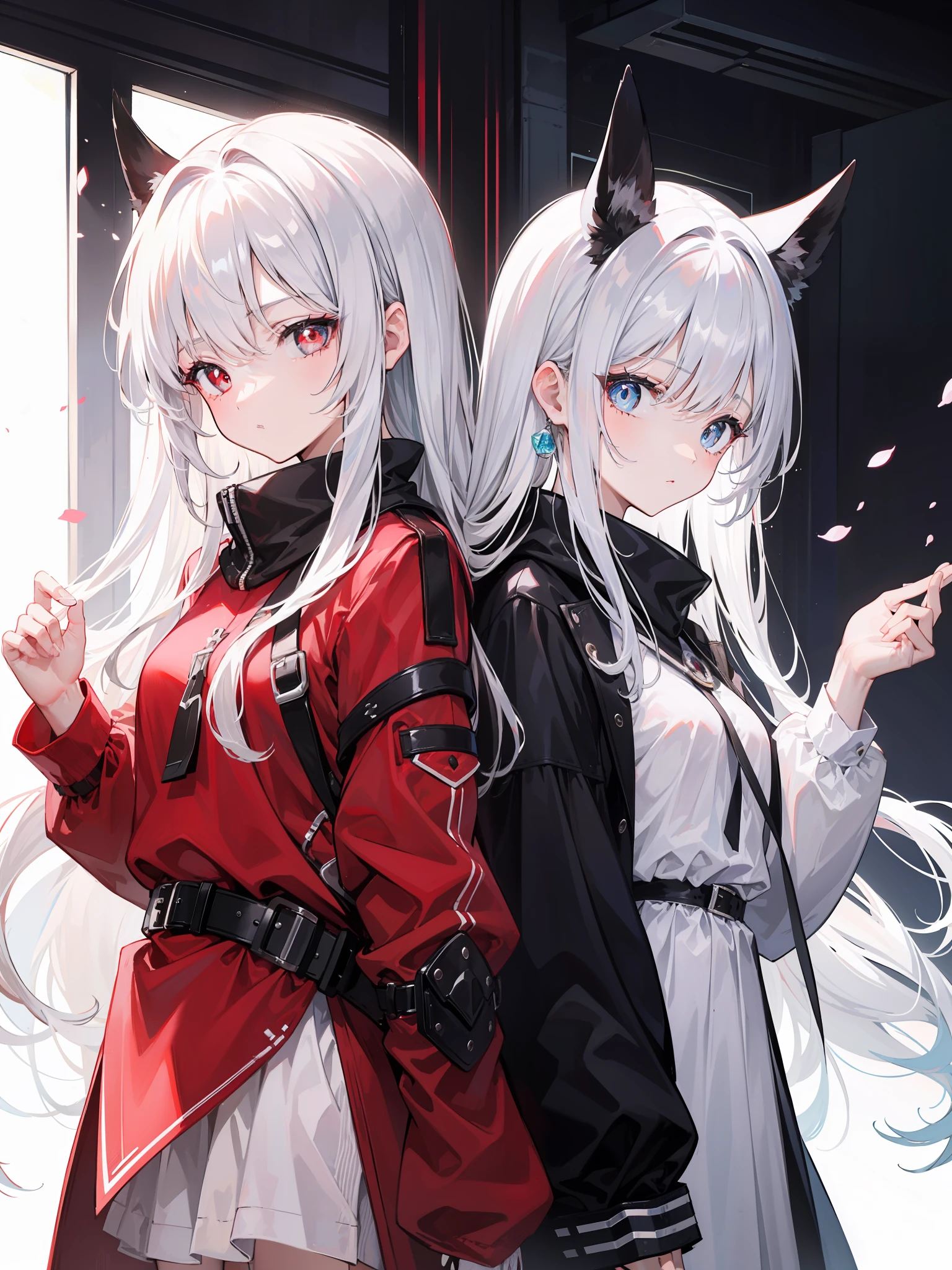 2girls,back-to-back,long white hair,red pupils