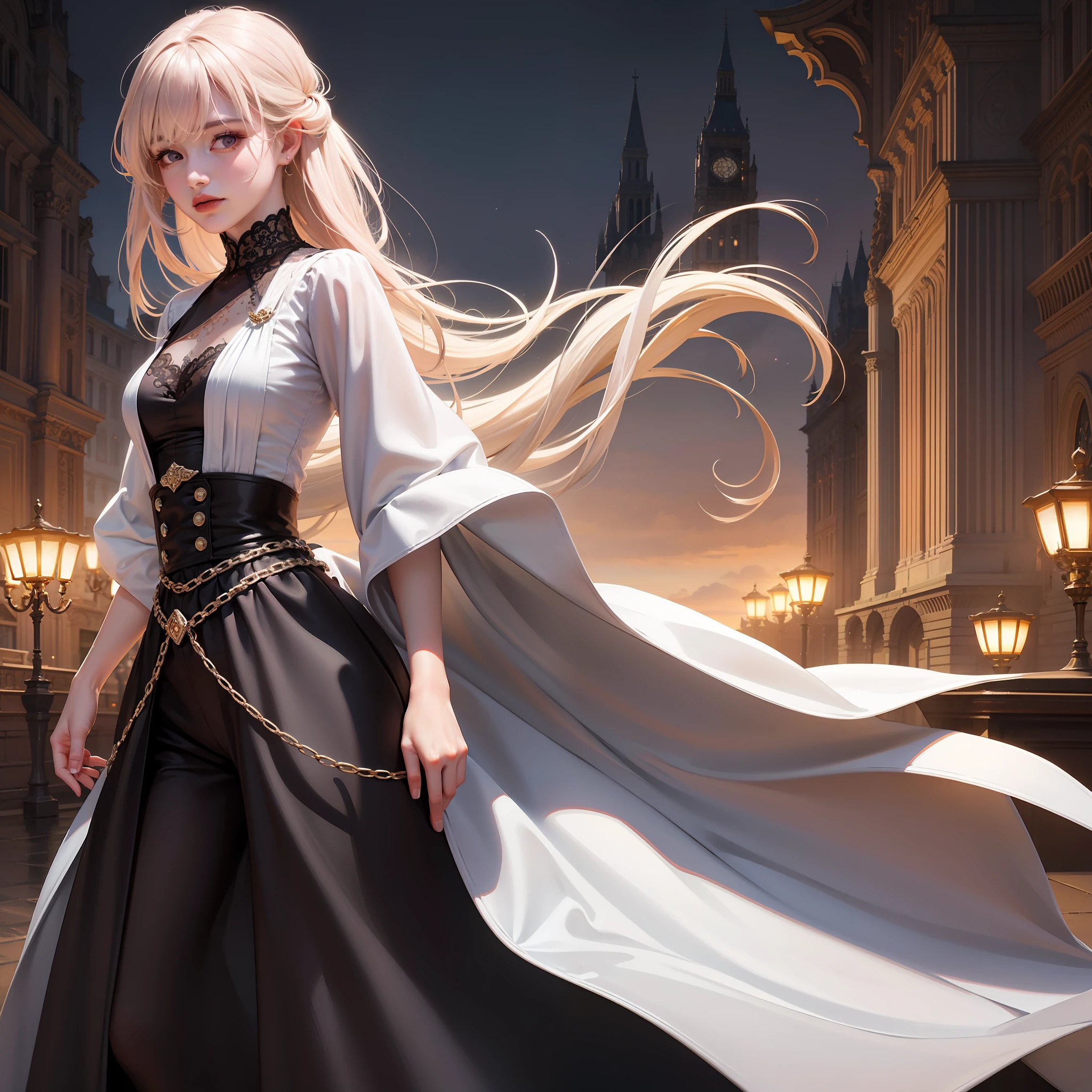 ((high quality)), ((masterpiece)), 8k, 1 girl, white skin, purple eyes, like a doll, mysterious smile, extremely detailed CG unity 8k wallpaper, light pink lips, looking at viewer, Victorian costume, long black dress, full body, high heels, aristocracy, curly bob hairstyle, white hair, small mole under left eye corner, romantic eyes, 19th century London, surrounded by ashes, realistic lighting, backlight, face lights,  fine detailed eyes, detailed face, fine quality eyes, no smile, gloomy atmosphere, hair blowing in the wind, look like a princess