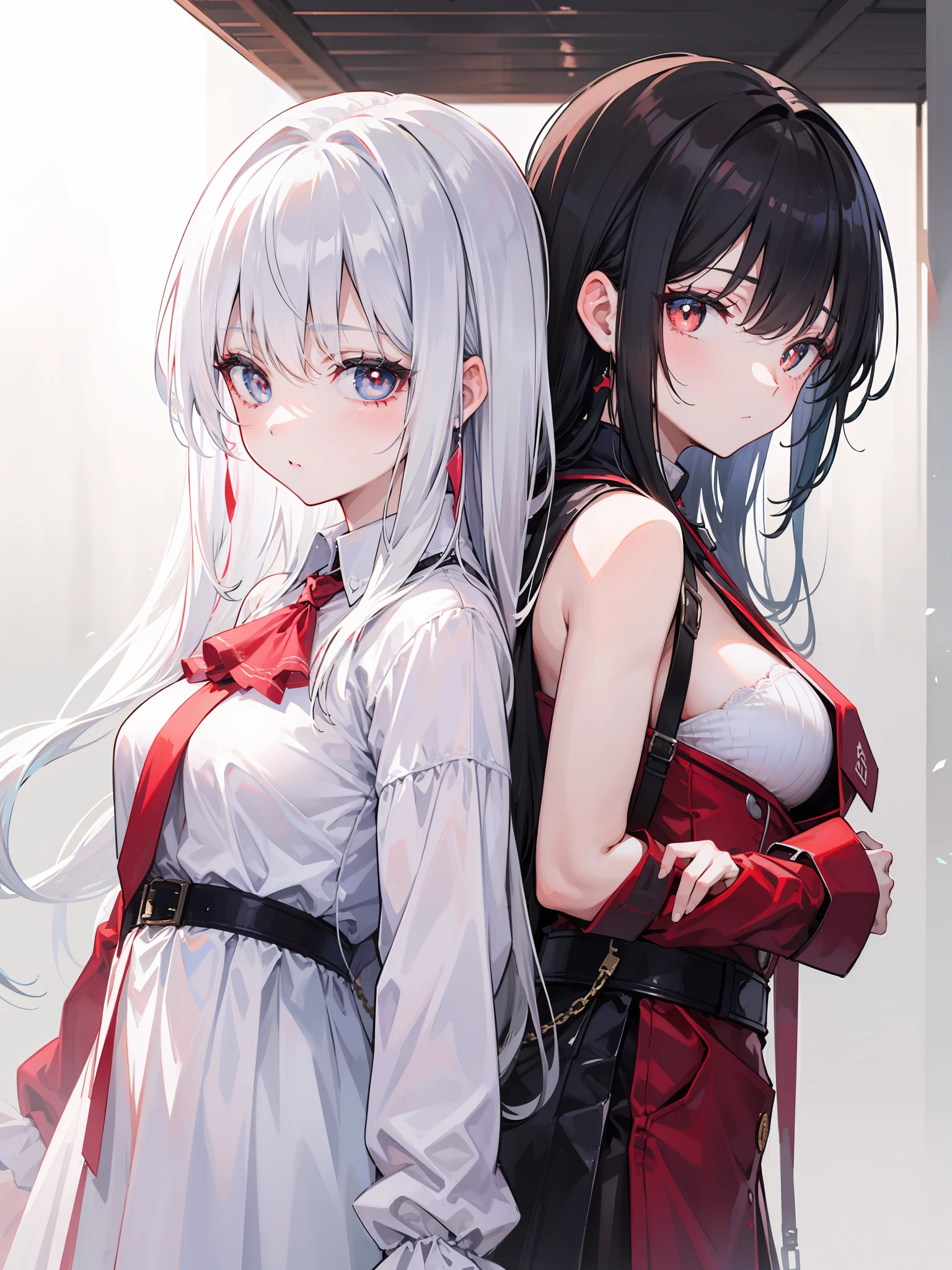 2girls,back-to-back,long white hair,red pupils