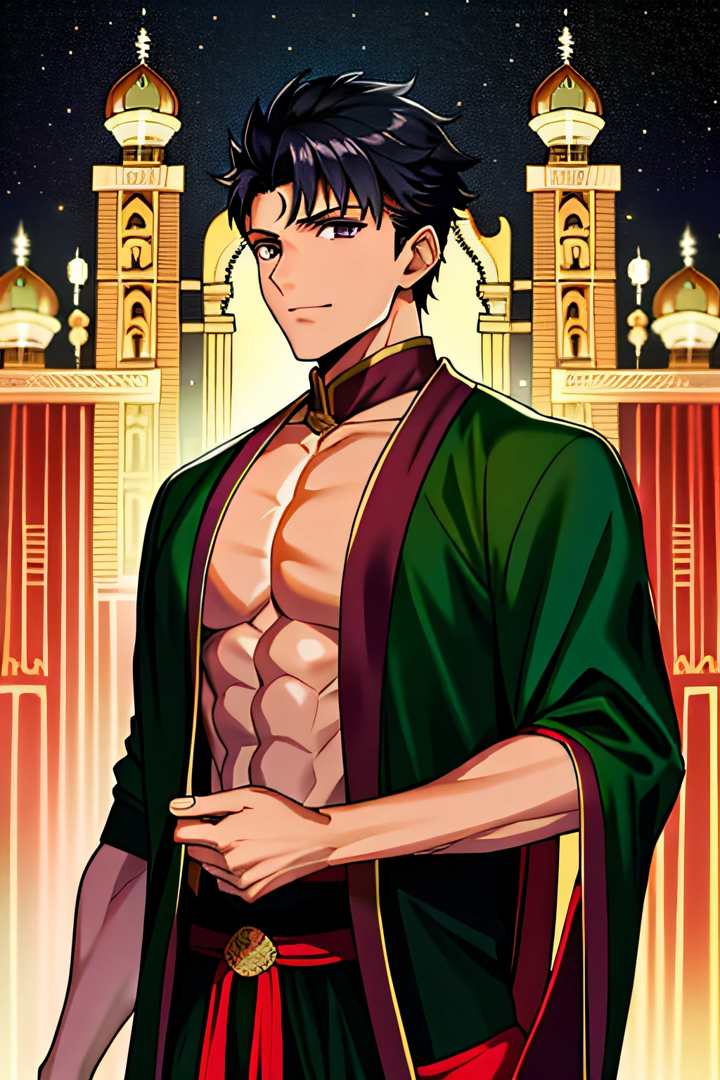 (Masterpiece: 1.4), (Best Quality: 1.4), 1 child, solo, (Emiya Shirō \(fate\):1.2), mischievous smile, curly elbow-length black hair, Indian features. ((Indian facial features)), dark tanned skin, purple eyes, Male, open shirt, muscular, Aesthetic boy ((very good anatomy)) toned muscles, athletic, prominent pectorals and abs, ((ancient Indian clothing)), Black and dark green sherwani, (((Indian traditional clothing))) Black churidar, liquid gold floating around, facing viewer, upper body, city, cityscape, sky, night, stars, anime style, Type-moon style