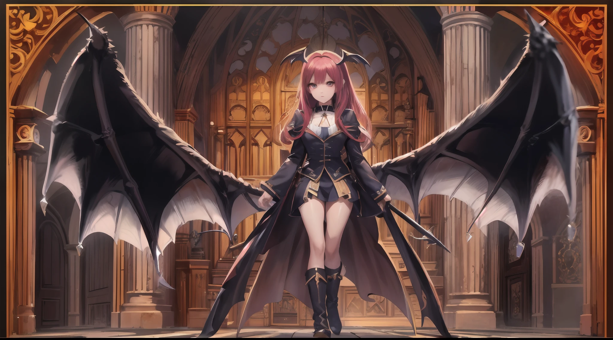 1 menina, succubus, cabelo curto, cabelo vermelho, ruiva, asas de morcego, asas grandes, big bat wings castlevania, 25 anos, espartilho preto, look of malice, olhar malicioso