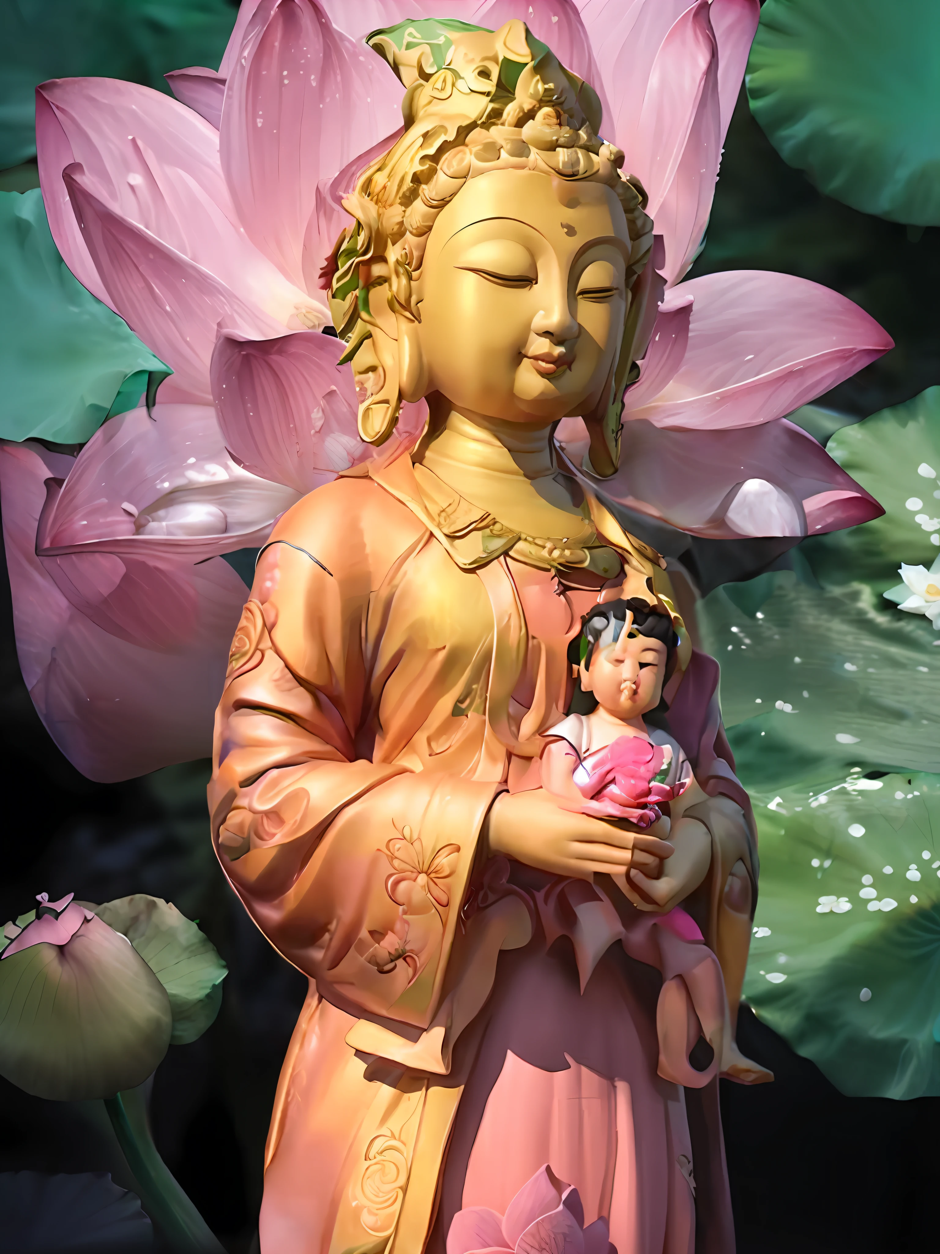 Close-up of a statue of a woman holding a doll, sitting on a lotus flower, standing gracefully upon a lotus, Buddhism, Pink Lotus Queen, Lotus, standing on a lotus, Guanyin, Buddha, Buddhist, with lotus flowers, buddhist art, promo art, author：Han Gan, author：John Ragatta, By Shen Quan
