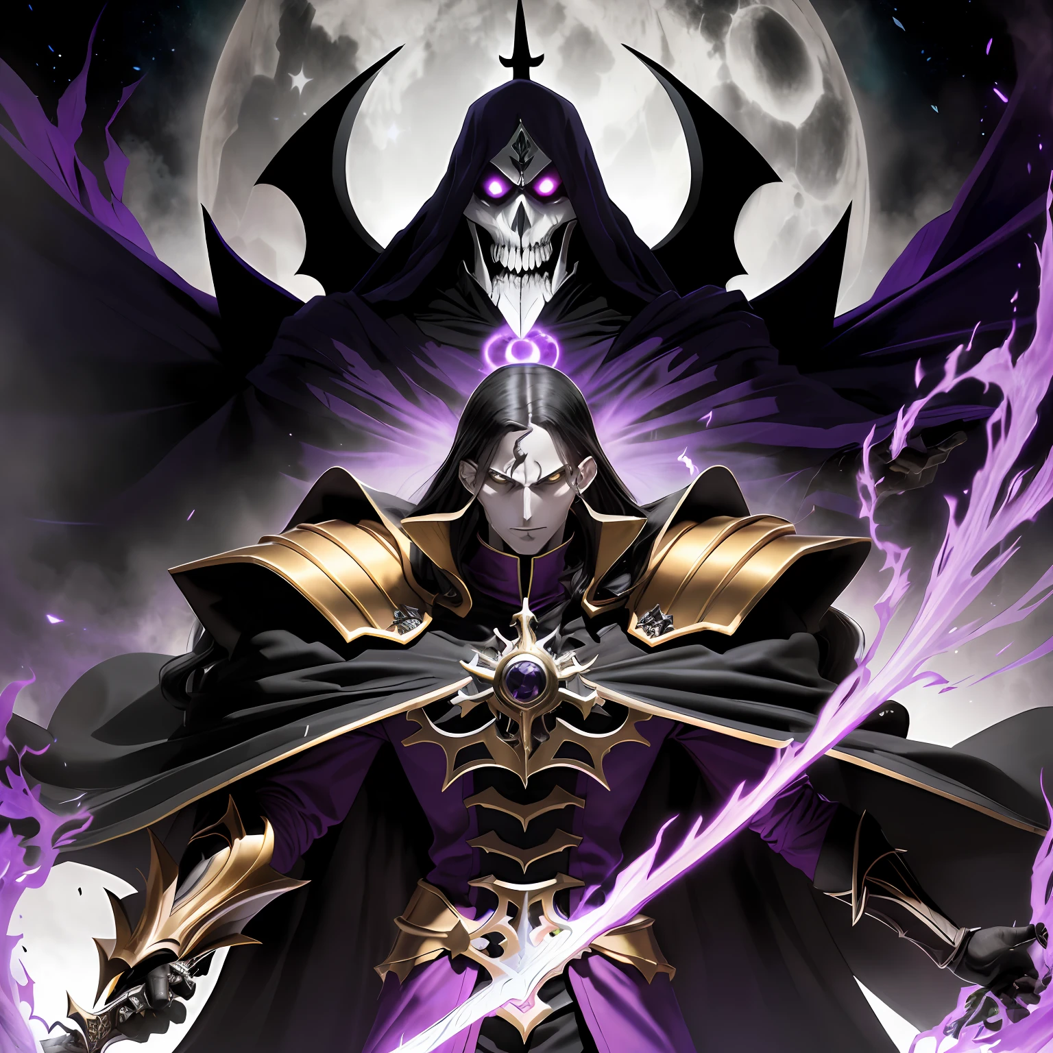 (um close up de uma pessoa toguro100 com uma espada e um manto roxo, Ainz Ooal vestido, Overlord!!!, Overlord, de Overlord, Deus masculino bonito da morte, Overlord Temporada 4, Rei do Ceifador do Tempo, Arte Oficial, Retrato do Deus da Morte, O Rei da Morte, Ish, Albedo do anime Overlord, deus da morte) , cenario fantasia dark dinamico, Character concentrating black magic in his hand, vortex, particulas,