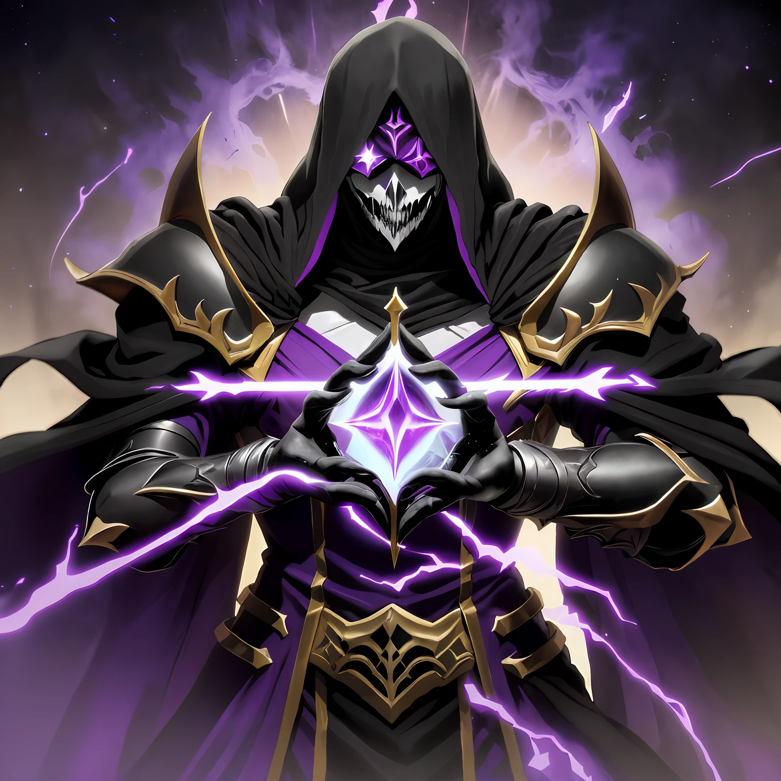 (um close up de uma pessoa toguro100 com uma espada e um manto roxo, Ainz Ooal vestido, Overlord!!!, Overlord, de Overlord, Deus masculino bonito da morte, Overlord Temporada 4, Rei do Ceifador do Tempo, Arte Oficial, Retrato do Deus da Morte, O Rei da Morte, Ish, Albedo do anime Overlord, deus da morte) , cenario fantasia dark dinamico, Character concentrating black magic in his hand, vortex, particulas,