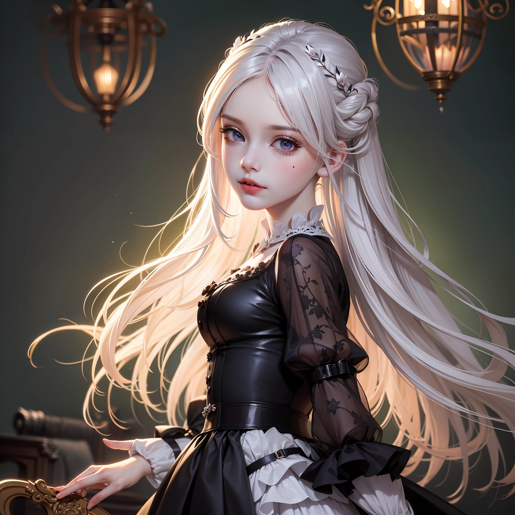 ((high quality)), ((masterpiece)), 8k, 1 girl, white skin, purple eyes, like a doll, mysterious smile, extremely detailed CG unity 8k wallpaper, light pink lips, looking at viewer, Victorian costume, long black dress, full body, high heels, aristocracy, curly bob hairstyle, white hair, small mole under left eye corner, romantic eyes, 19th century London, surrounded by ashes, realistic lighting, backlight, face lights,  fine detailed eyes, detailed face, fine quality eyes, no smile, gloomy atmosphere, hair blowing in the wind, look like a princess