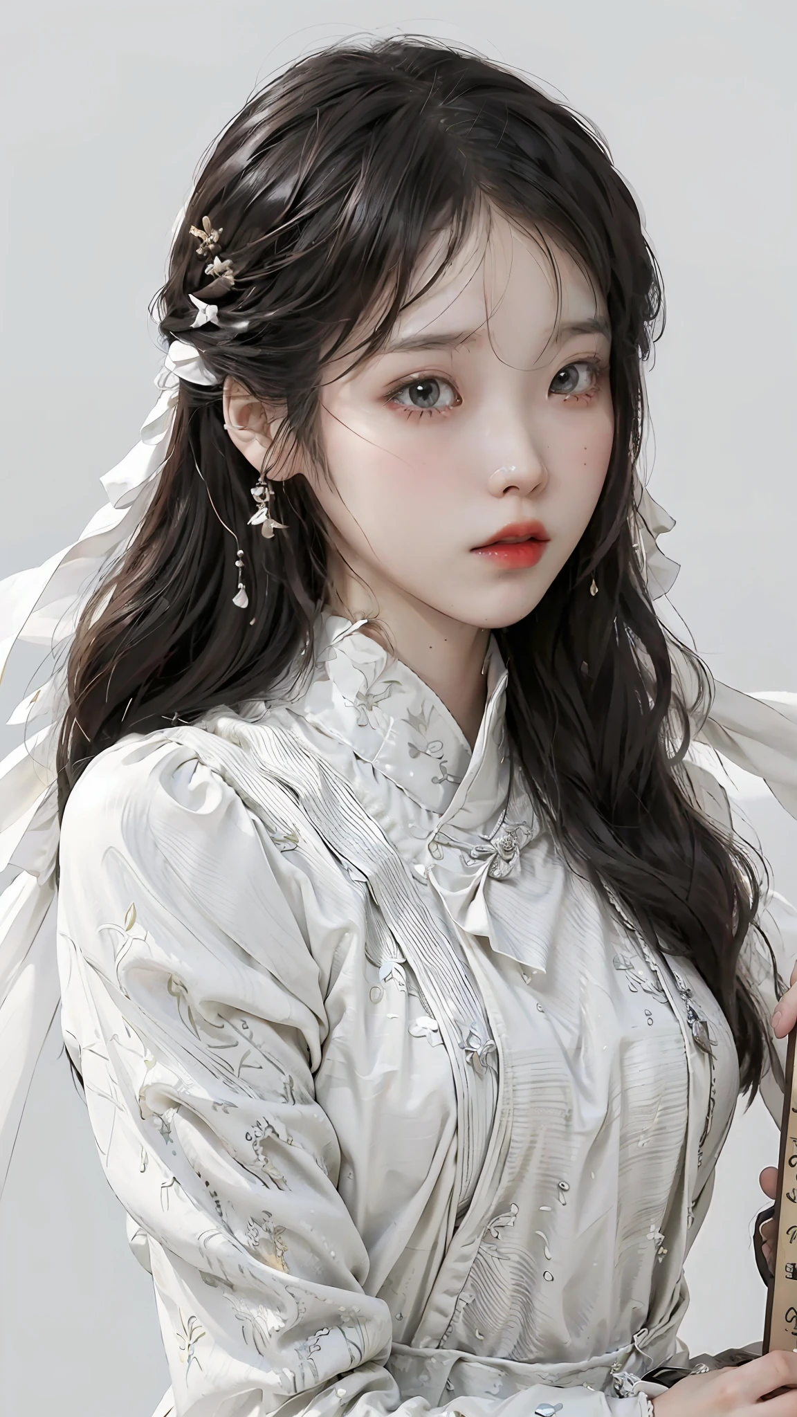 A girl, ancient Chinese costume, whole body, sunshine, clear face, clean white background, masterpiece, super detail, epic composition, ultra HD, high quality, extremely detailed, official art, uniform 8k wallpaper, super detail, 32k