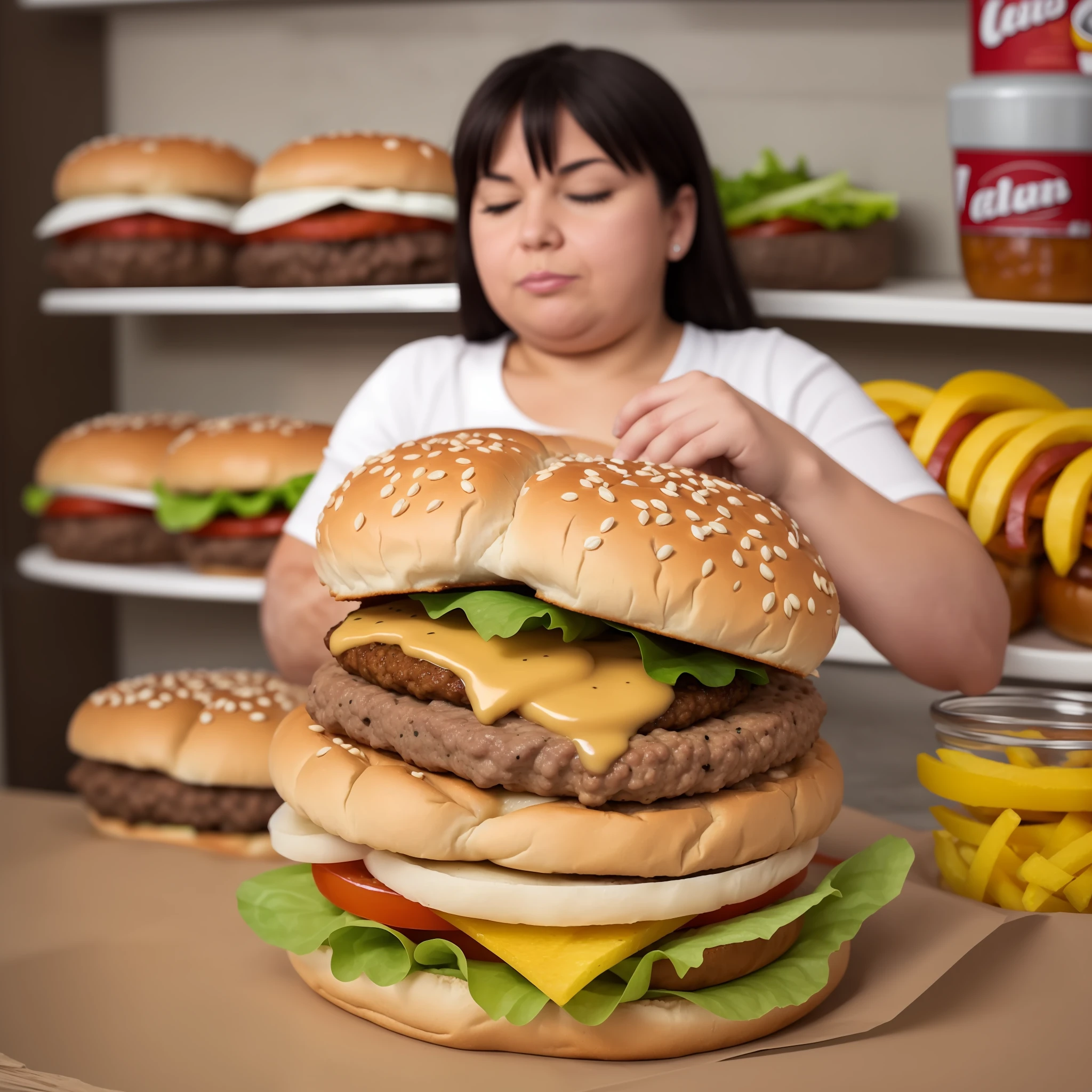 Create an image where a hamburger devours an obese person.