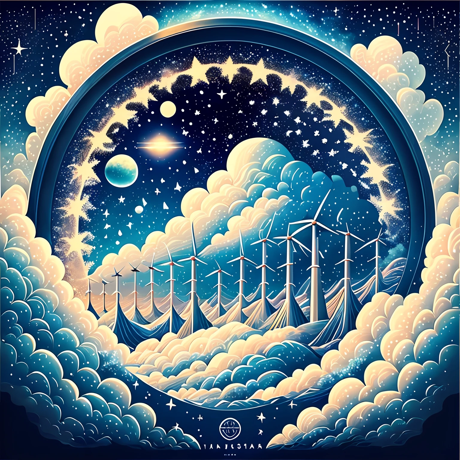 Starry Sky Creative Poster,blue tint,There are starships,galaxias,clouds,planet earth,Wind power,rich details,Extremely strong perspective depth of view --auto