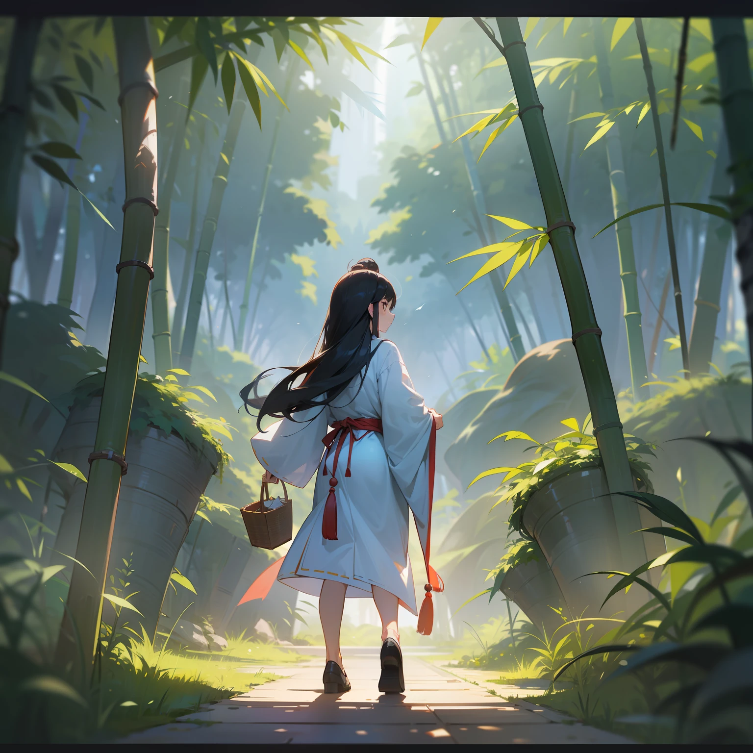 A young girl with long black hair，Wearing plain Chinese-style clothes，Morning，Collect firewood with a bamboo basket in the middle of the mountain forest，She wiped the sweat from her forehead with the back of her right hand，in a panoramic view，Full body photo，8K，best qualtiy，tmasterpiece：1.2），（realisticlying，realisticlying：1.37），ultra - detailed，best qualtiy，超高分辨率，profesional lighting，photon maping，Radio City，physically-based renderingt，cinmatic lighting