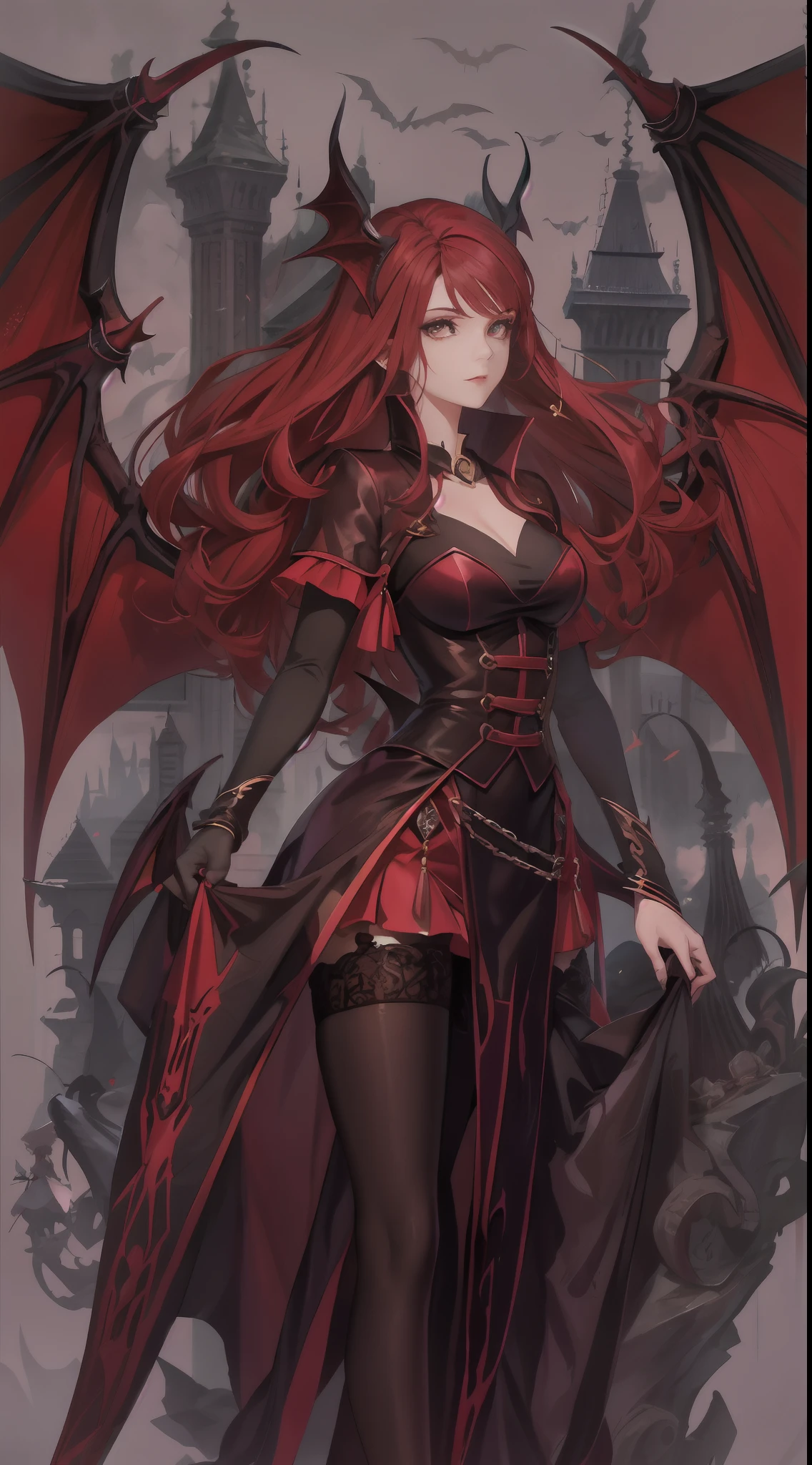 1 menina, succubus, cabelo curto, cabelo vermelho, ruiva, asas de morcego, asas grandes, big bat wings castlevania, 25 anos, espartilho preto, look of malice, olhar malicioso