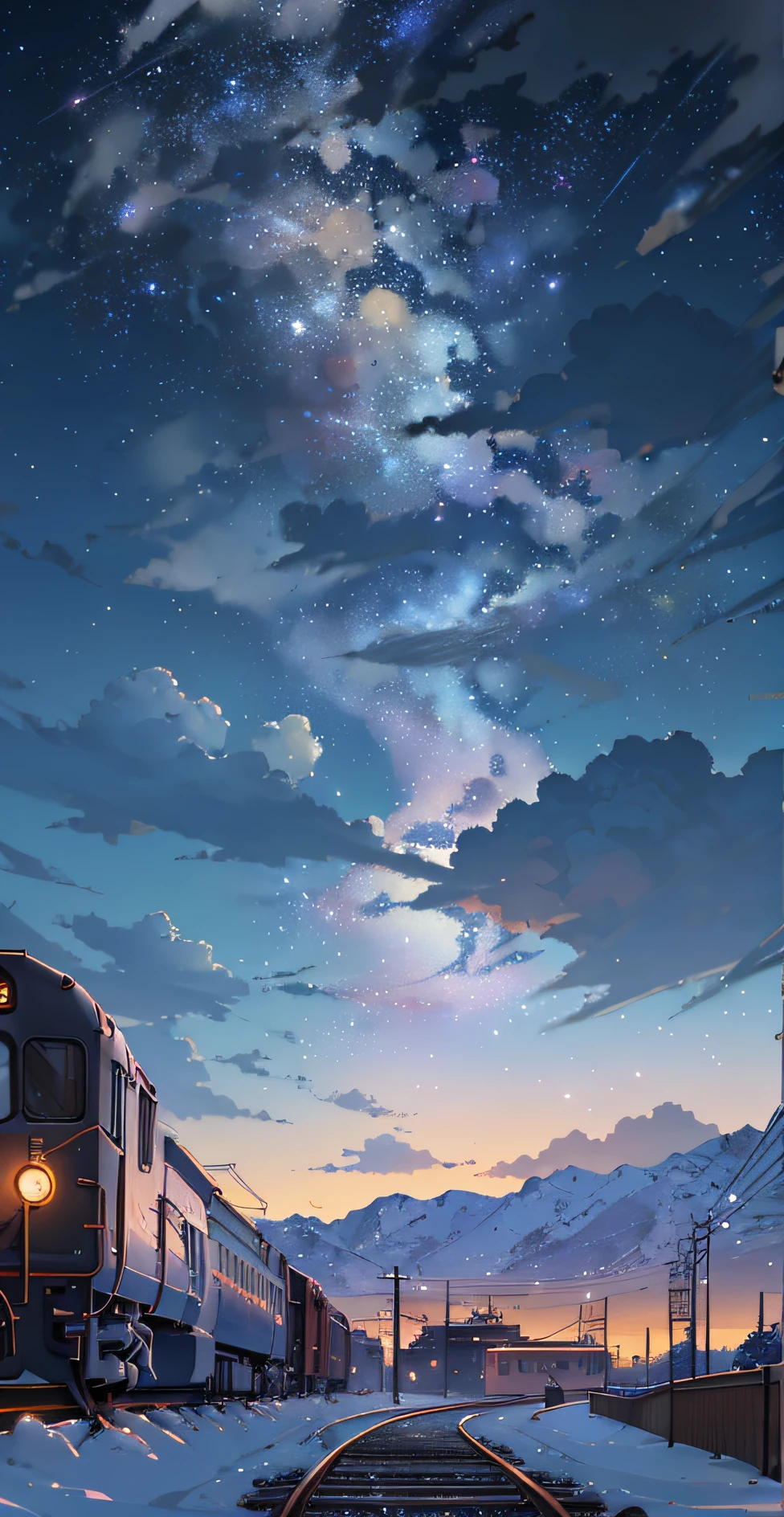 There is a train running along the tracks in the snow, Makoto Shinkai&#39;s concept art, tumblr, magic realism, beautiful anime scenes, cosmic sky. by makoto shinkai, ( ( makoto shinkai ) ), anime background art, anime backgrounds, Makoto Shinkai&#39;s style, anime movie backgrounds, galaxy express, no humans.