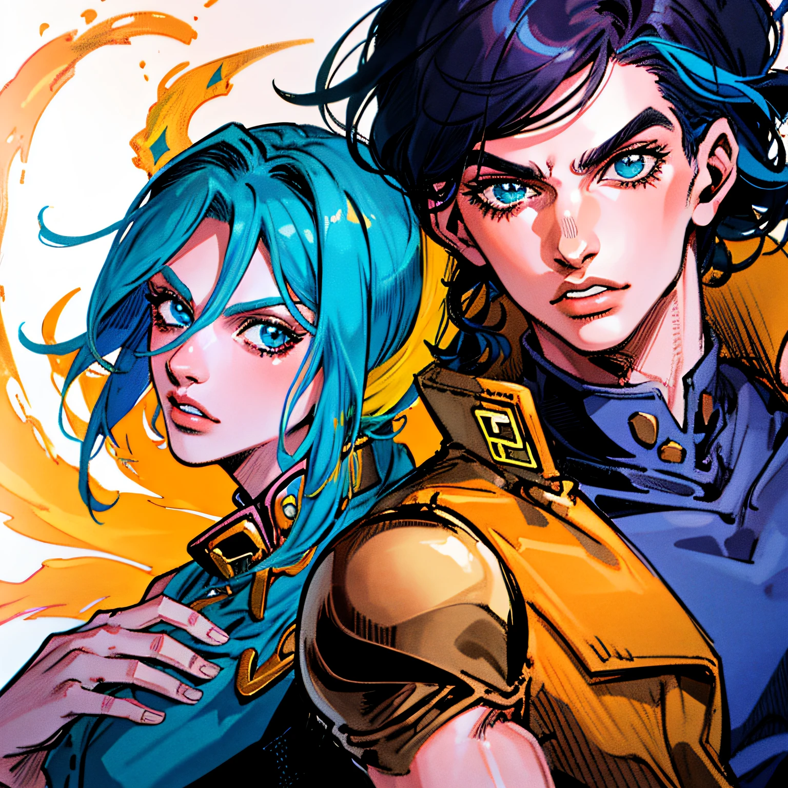 ouro, ((foco apenas)), Closeup, ((Arakistyle)) ((vestir)), usando terno preto, mid hair, Homem, split lips, Posando, Johan Liebert, Phoenix IkkI, cavalheiros do zodico, Jojo:0.9, illustration, arte linear, bold coloration, obra-prima, Manga art, melhor qualidade, digitisation, tons de cor, illustration, anime, Simple coloring, fundo preto plano,