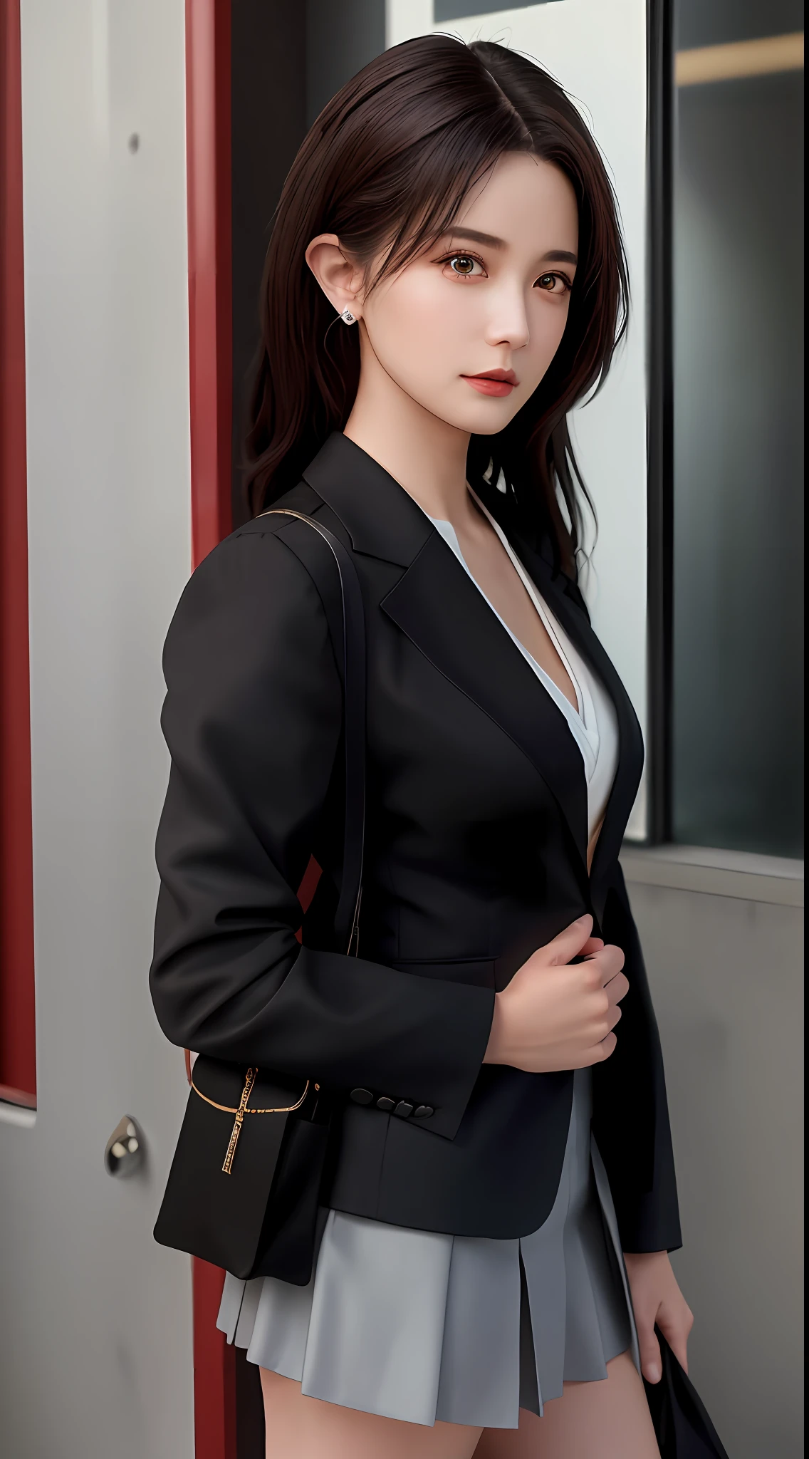 best quality, masterpiece, 1girl, Beautiful face, (photo realistic:1.3), rim lighting, (high detailed skin:1.2), 8k uhd, dslr, high quality, high resolution, 4k, 8k, Bokeh, absurdres, best ratio four finger and one thumb, (realistic:1.3), cute 1girl, wearing black formal blazer, medium breasts, short skirt,