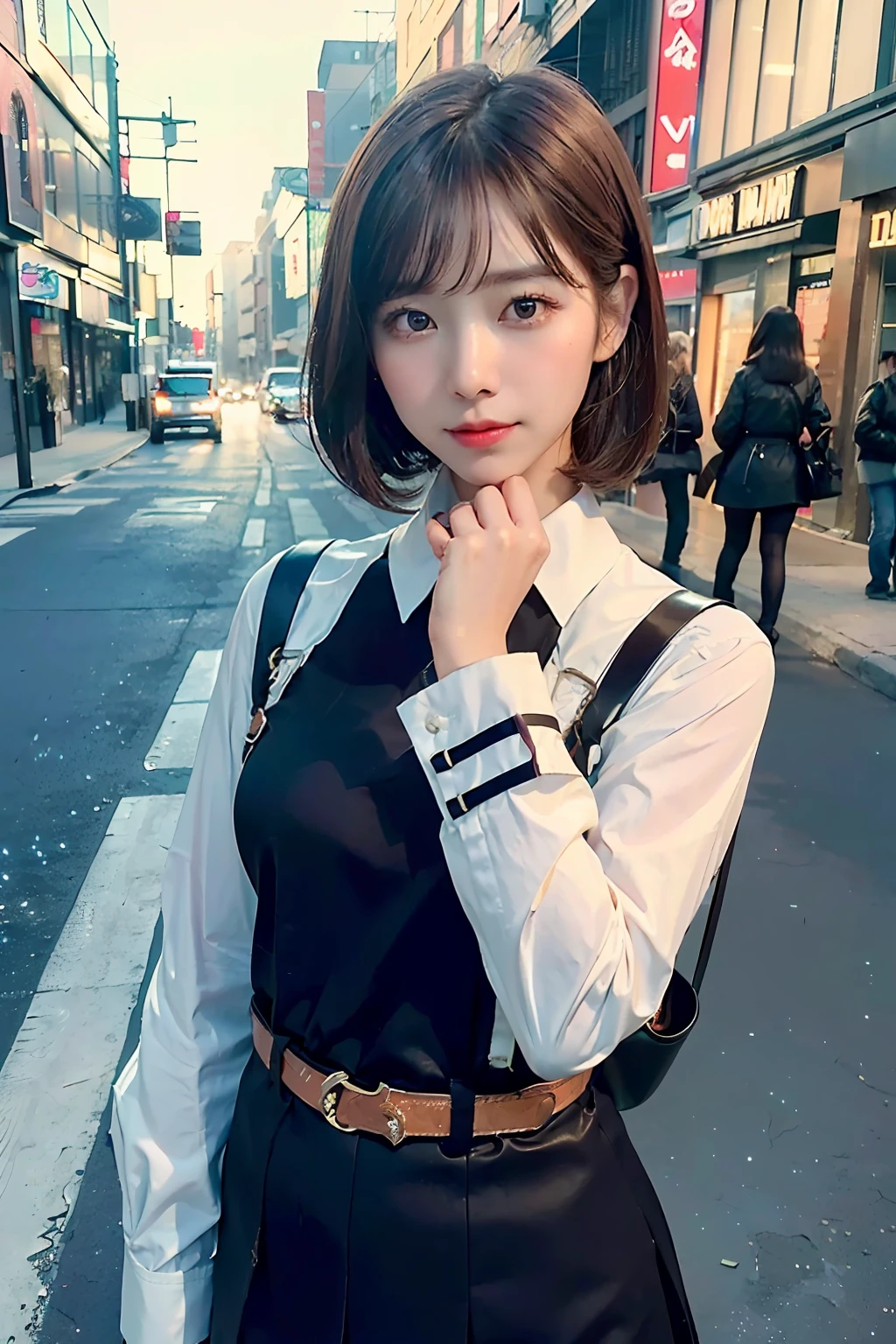 1girl, kpop, Korea girl, Japanese girl, beautiful vintage color, Instagram (photorealistic, high resolution:1.4), looking at viewer, (8k, RAW photo, best quality, masterpiece:1.2), (realistic, photo-realistic:1.37),(sharp focus:1.2), professional lighting, photon mapping, radiosity, physically-based rendering, (pale skin:1.2),(small breasts:1.2), (short hair:1.5), portrait, purple eyes, (brown hair:1.2),bangs, (simple background:1.4), solo, upper body, realistic,(masterpiece:1.4),(best quality:1.4),(shiny skin), fashi-girl, makeup, smile(skinny, closed mouth, shy :1.3) ,(black Stewardess uniform:1.4, Necromancer:1.1), sexy pose , (in city street:1.5),(night, nightlight),neon light, (cowboy shot:1.5)