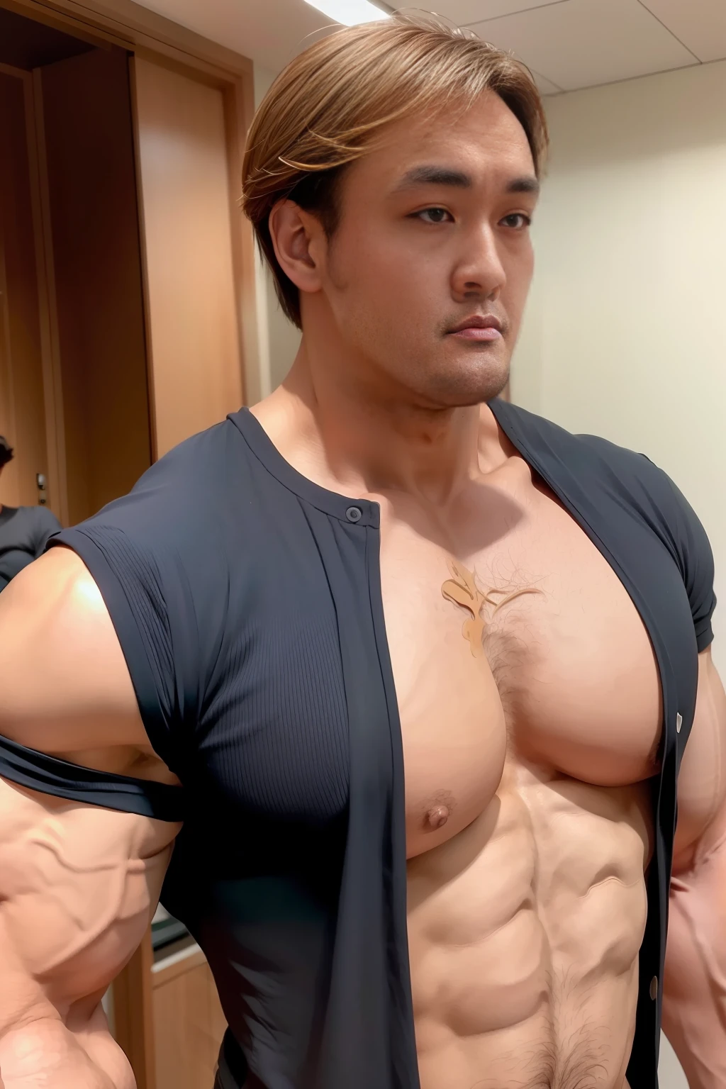 独奏, looking at viewert, Slightly bald, 1boy, Keep one's mouth shut, The upper part of the body, malefocus, torn laundry, musculous, vague background, Facial hair, vests, chest muscle, big muscular male, Bala, sbeard, large pecs, Mature male, Realistis, Chest hair, black tanktop, nedium breasts, Side Chest, Mike Aoun V2,