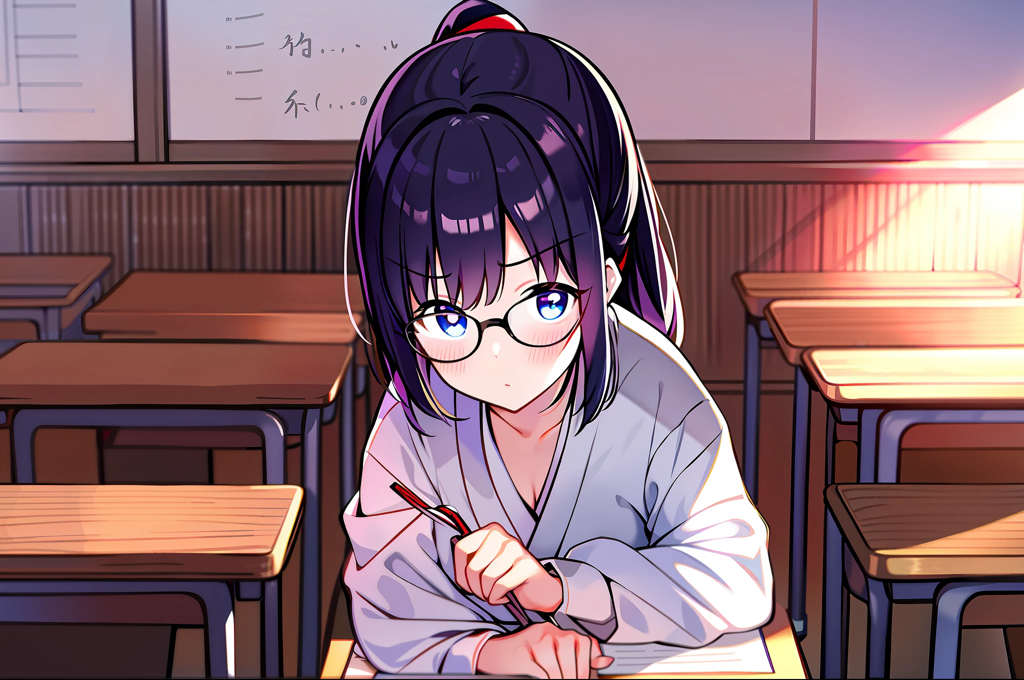 black silky hair、Purple pupils、Japanese anime woman with glasses（Female teacher with description）, Young female teachers, Wearing a black and white dress, The chest size is D, The teacher handed a stack of papers with her right hand to the red-haired and blue-eyed Japanese anime girl in front of her（Girl with description）, Girls have red ponytails, Wear a black school uniform, Short white dress, Happily took the teacher's paper, The scene is a wooden classroom, detail-rich, The characters look complete, The movements are smooth, tmasterpiece, Beautiful light and shadow, There are many characters。