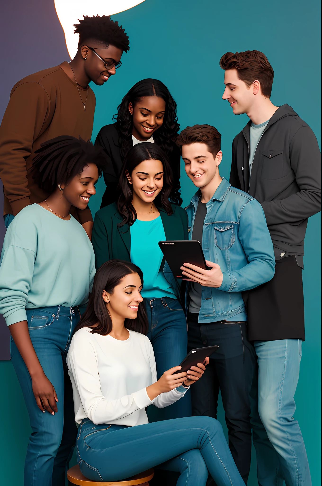 studio photo. general plan. full body. infinite background. three young 25 year old multicultural happy students. side by side on stage. the first, a woman, is sitting at a school desk holding a notebook. the second, a man, is sitting on a couch holding an tablet. And the third, a man, is standing looking at a cell phone. (rim lighting,: 1.4) two-tone lighting, sharp focus, teal hue, octane, unreal, dimly lit, low key,