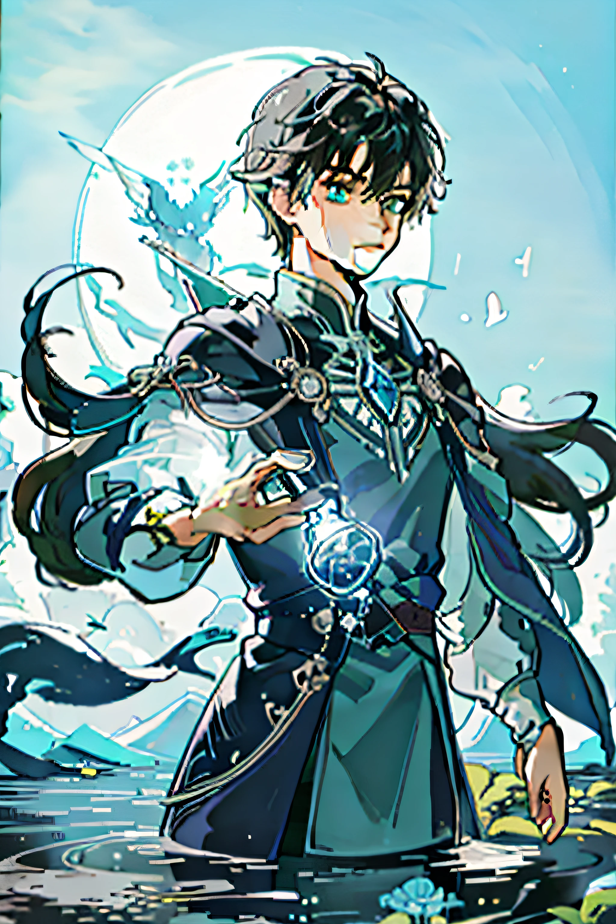 obra-prima, melhor qualidade, 1 masculino, adulto, adolecente, Tema escuro, Debaixo d'water, Espelho refletido, floating piece of glass, fantasy scenery , Starlight ao redor do personagem, Elfo, magic weapons