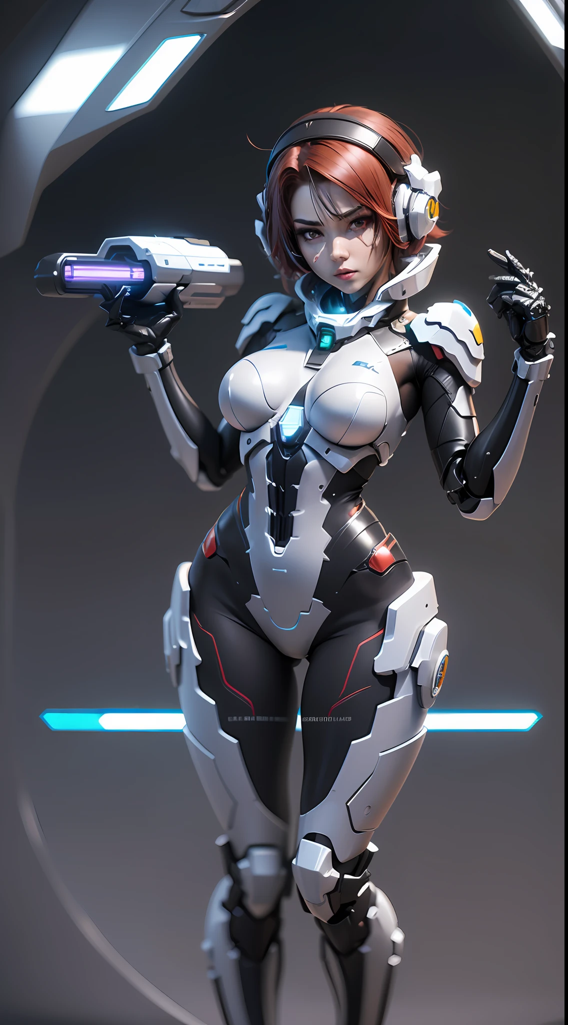 ((Best quality)), ((masterpiece)), (detailed:1.4), 3D, an image of a beautiful cyber female android,HDR (High Dynamic Range),Ray Tracing,NVIDIA RTX,Super-Resolution,Unreal 5,Subsurface scattering,PBR Texturing,Post-processing,Anisotropic Filtering,Depth-of-field,Maximum clarity and sharpness,Multi-layered textures,GG unity, Surface shading,Accurate simulation of light-material interaction,Perfect proportions,Octane Render,Two-tone lighting,Wide aperture,Low ISO,White balance,Rule of thirds,8K RAW, bokeh, medium breast, **** body, neon core engine, half mechanical body, mechanical line face, red eyes, beautiful eyes, light eyes, mechanical joint, mechanical arm, human look leg, background inside space ship bridge, red short hair, circuit line on face, big parabol antene on head, dynamic firring pose, black body, holding gun