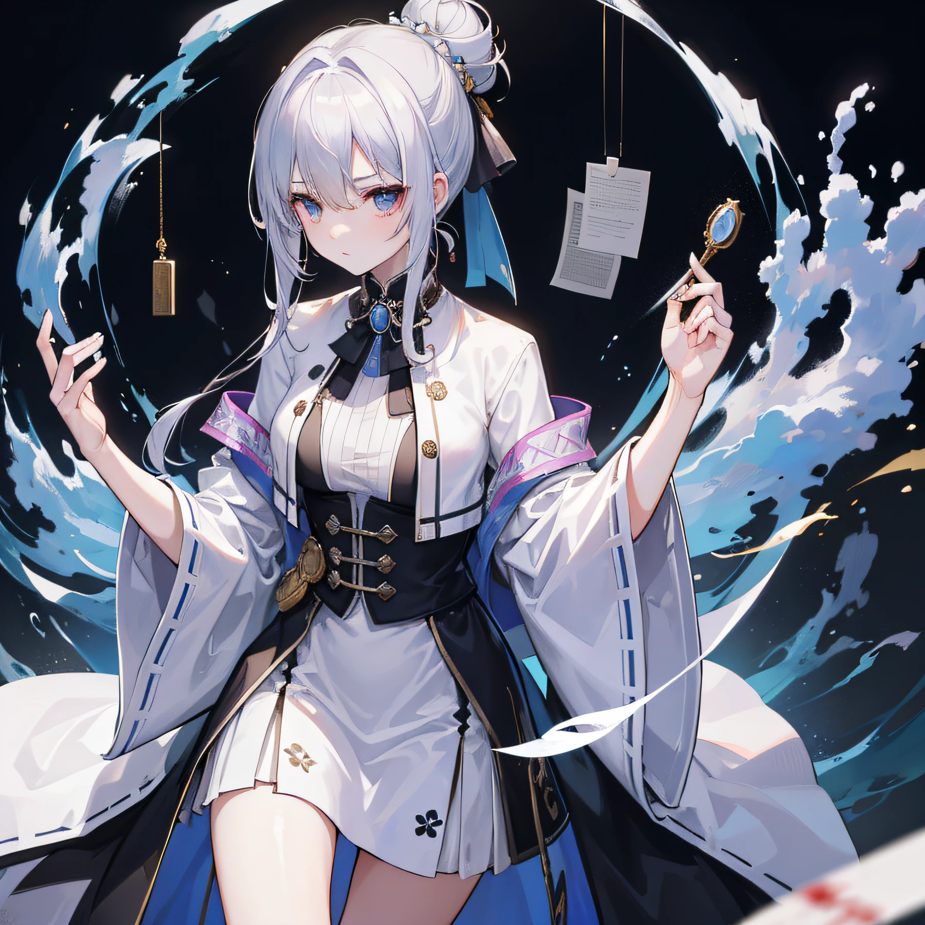 Female medical examiner: By depicting the doctor's costume and medical tools，Highlight her professional identity。She can get a doctor's white coat、Medical devices and other features，As well as the surrounding elements，Such as medical books and anatomical models。

Antique dress: Emphasize her antique character，Like a robe、hair adornments、Ancient accessories, etc。Traditional elements of ancient clothing can be used，Such as ribbons、hair-bun、Gorgeous accessories，Highlight her antique temperament。Let her whole character appear in the picture

Supernatural elements: By portraying her with ghosts

Go on
flow，Highlight her special abilities and connection to the supernatural world。Some ghosts can be depicted in the painting、Ghosts、Elements such as shadows，Or paint some ornaments that have a spiritual atmosphere around her，Highlight her relationship with the supernatural。

Expressions and eyes：By drawing her expressions and eyes，Show her cleverness、Calm and firm traits。Can give her slender eyebrows、sharp look，Express her dedication and determination to explore the relationship between the case and the ghost。

Dark circles and longevity locks：Pictorial features of wearing a longevity lock and dark circles，Highlight her busy work and psychic physique。It is possible to draw a dark shadow on her eyes，Or paint a symbolic chain around her neck。

Forensics work plan：Scenes of her working in a lab or crime scene can be depicted with drawings，Demonstrate her expertise and technical approach to forensic work。The microscope can protrude、Autopsy tools、Details such as chemical reagents，and blood at the crime scene、Fingerprints and other elements。