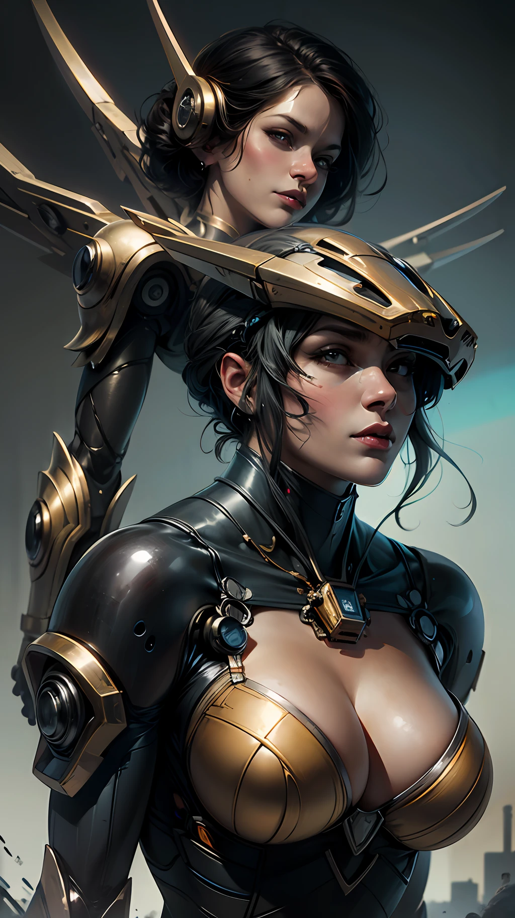 official art, unity 8k wallpaper, ultra detailed, beautiful and aesthetic, masterpiece, best quality, realistic, (zentangle, mandala, tangle, entangle), extremely detailed (dynamic angle), off-white Nike,cinematic light, 1cyborg-girl, very gorgeous Korean girly face, robotic 1eye, in human body reconstructed, hitech trance, in bio organic-mecha suit armor, robotic ninja mecha suit, katana before decapitation, insaenly detailed mechanism, stuning amazonic body, hiper intricate detailed mecha, robotic, hoses, fiber optic tubes mechanisms exposed, organic details, biggest socialist oldfactorys. ((retro-futuristic)), cool war, comunist simbol, red black and liquid gold by Ross tran & kim Jung gi digital art