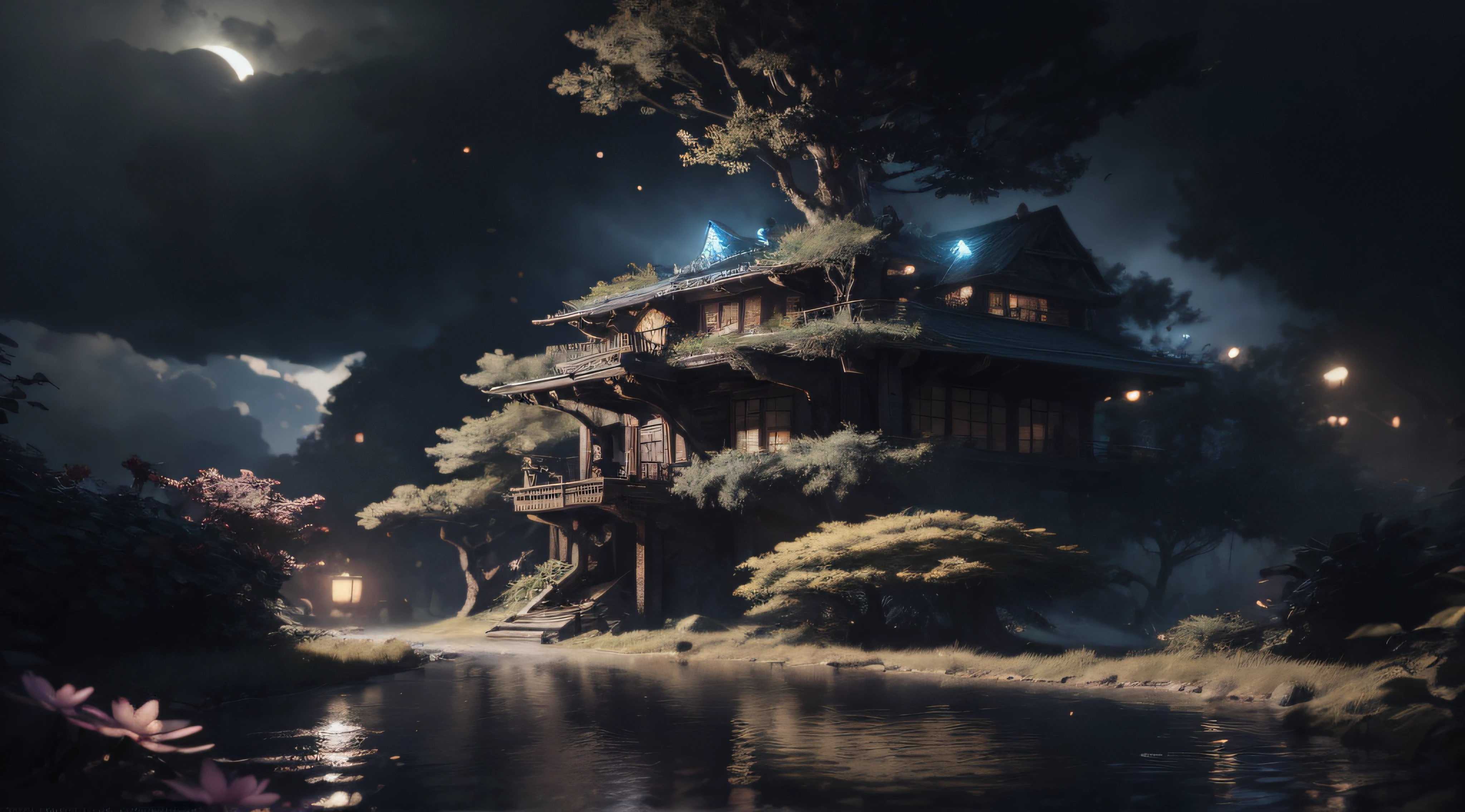 Night scene of a treehouse with a pond and a full moon, cyberpunk tree house, realistic fantasy rendering, 3 d render bipe, Arte digital altamente detalhada em 4k, inspirado em Andreas Rocha, beautiful render of a fairytale, 8k arte detalhada de alta qualidade, Trend at Artstation headquarters, Vencedor do concurso Artstation, Trending in ArtStation 4K