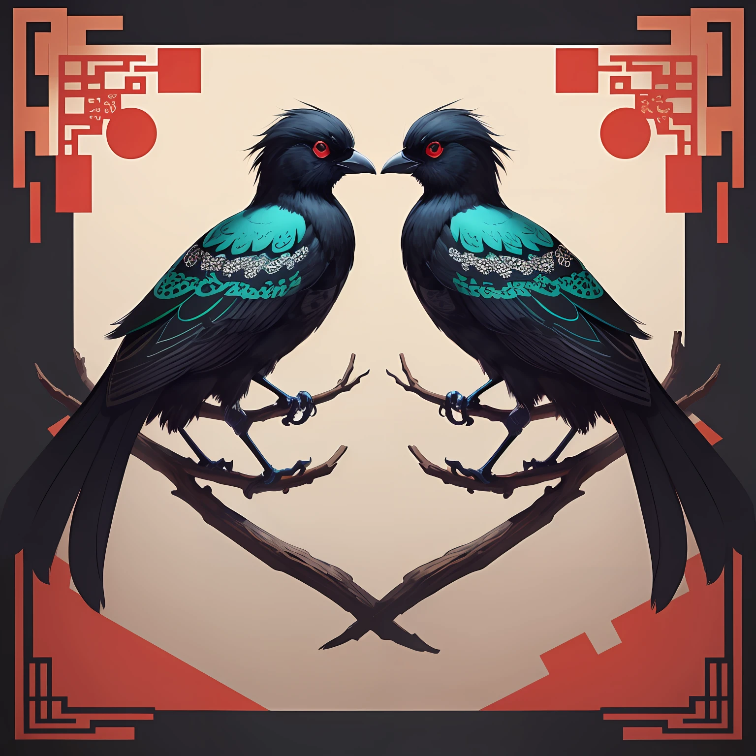 Graphic design pattern：magpie，Traditional Chinese patterns，The color is bright，With a sense of design，Planarization --auto