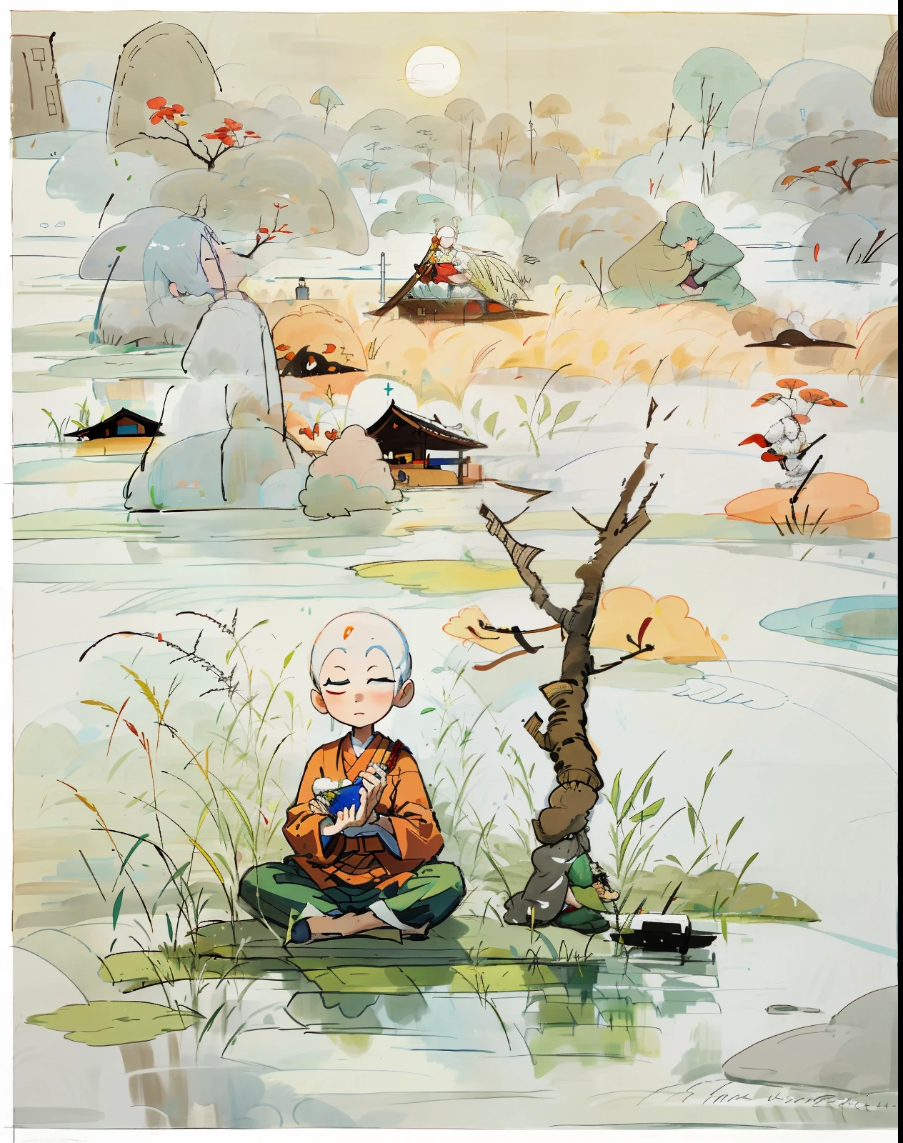 Painting a monk sitting on a blanket in a field, monk meditation, Meditating, Meditation, Buddhist monk meditation, Buddhism, Meditative, um ciborgue meditando, Zen meditation, padmasana, sukhasana, water color and pen, inspired by Farel Dalrymple, The Hindu phase of meditation, prayer meditation, colored ink drawing