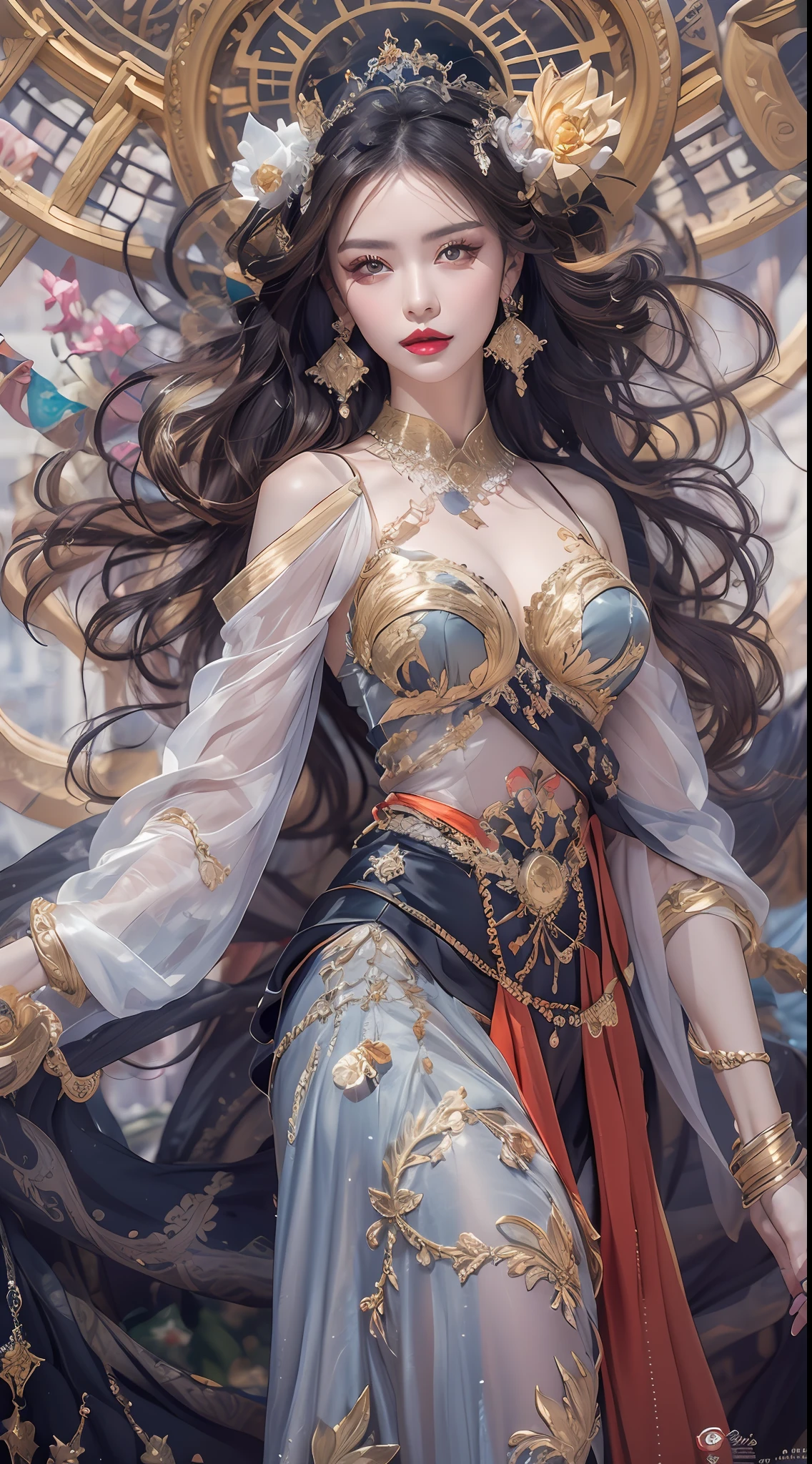 1 goddess of the zodiac from the future wears a thin silk dress, the goddess of the zodiac is beautiful, the goddess of the zodiac wears a colorful thin silk dress with sexy black and white lace, the goddess shines with a brilliant purple bow radiant, pink zodiac sign, star in the picture of 12 zodiac signs, goddess of the zodiac in a thin silk dress, golden zodiac with many black details, mythical goddess of the 12 zodiac, zodiac sign, zodiac style, dark and mysterious version, full breasts, big and round breasts, well-proportioned breasts and beautiful red lips, seriously not smiling, people karol bak and pino daeni, intricate detail, detailed background, many background objects, extremely detailed, magic light, woman, long hair dyed in seven colors and neatly tied, clear face without scars, face beautiful and well-proportioned eyes, pretty and charming red lips, big round eyes and beautiful makeup. detail, distant focus, silk dress, hair jewelry, neck jewelry, dress jewelry, arm and thigh jewelry, goddess foot jewelry, mystical jewelry, (upper portrait: 1.9) , hanging arms, sexy and seductive zodiac goddess , (space: 1.8), (galaxy: 1.7), aurora, lightning, (aurora background: 1.8), beautiful eyes, beautiful eyes photo, goddess of beauty and flowers, fantasy magic light effect,