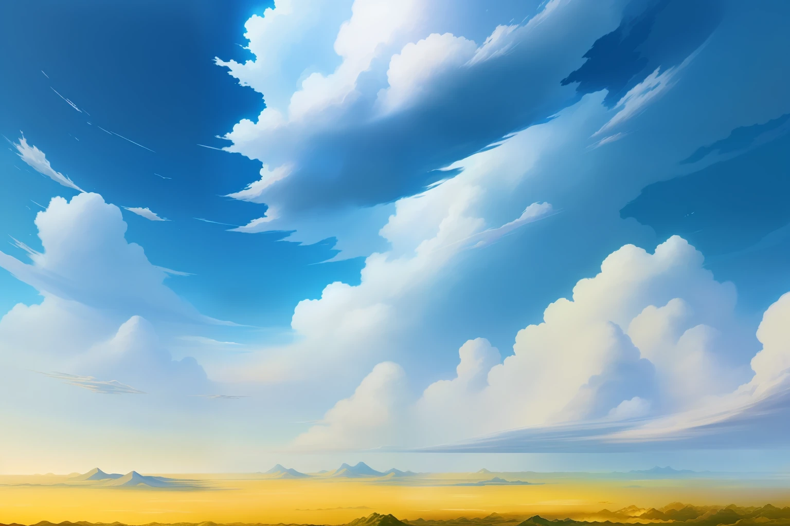 There is a beautiful picture of the sky,Fluffy clouds flutter in the sky,Fine image quality,Width 672 pixels,style of anime,Cloud background,detail-rich,Realistic clouds,Blue sky dynamic,fantasy puffy sky