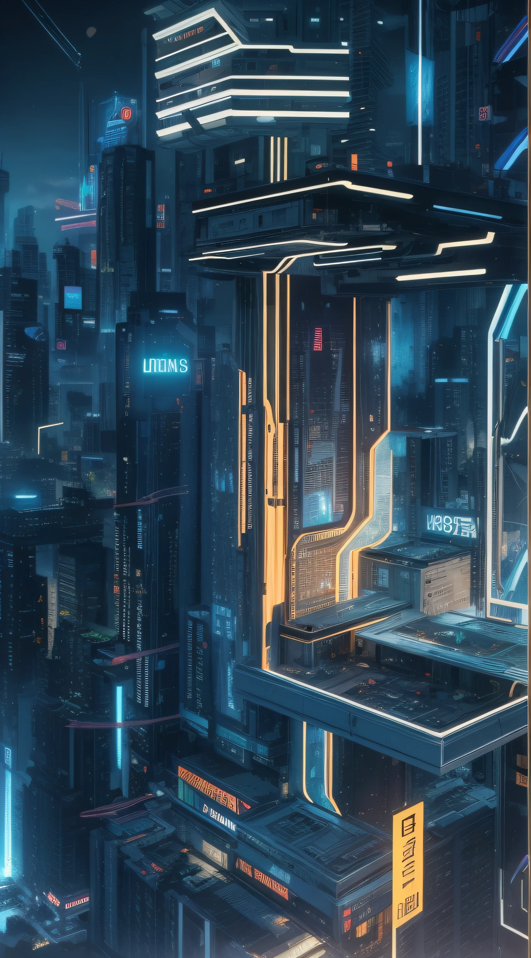 High-tech scene,lineworks,A sense of spatial extension,The style is cyberpunk,Mainly black and blue,well-illuminated,best qualtiy,tmasterpiece,