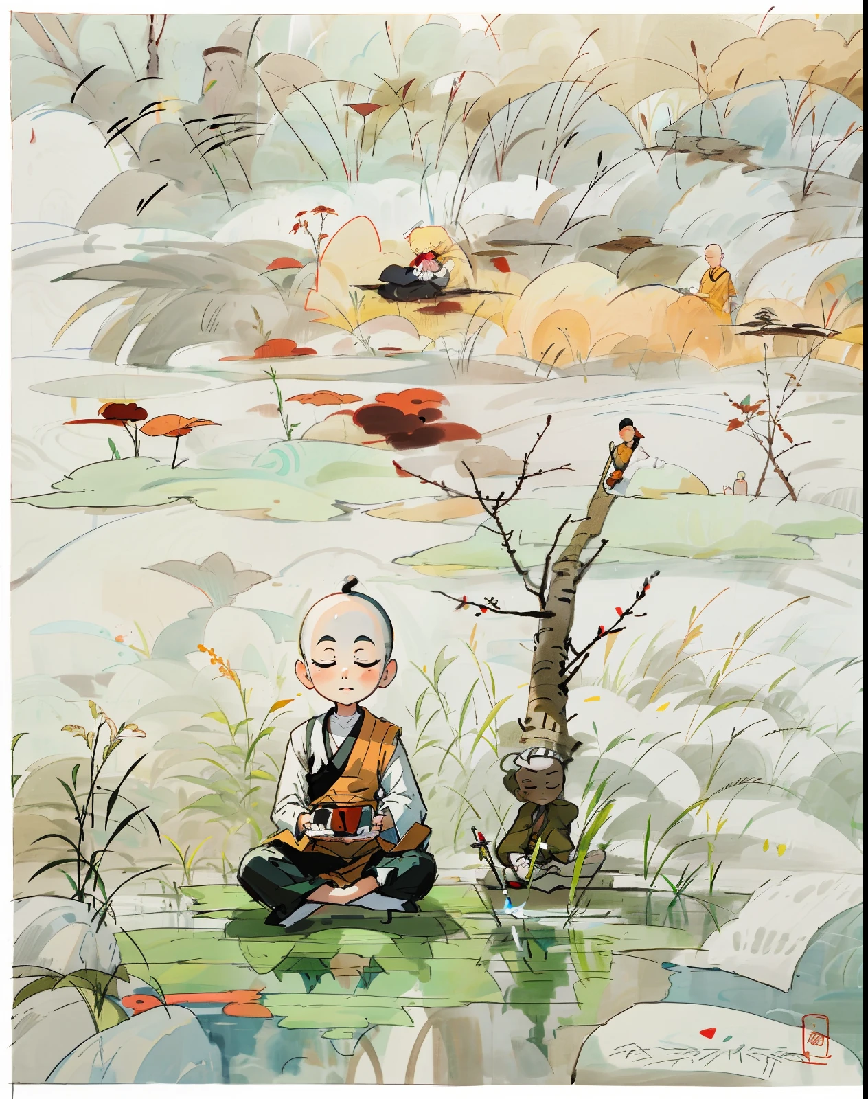 Painting a monk sitting on a blanket in a field, monk meditation, Meditating, Meditation, Buddhist monk meditation, Buddhism, Meditative, um ciborgue meditando, Zen meditation, padmasana, sukhasana, water color and pen, inspired by Farel Dalrymple, The Hindu phase of meditation, prayer meditation, colored ink drawing