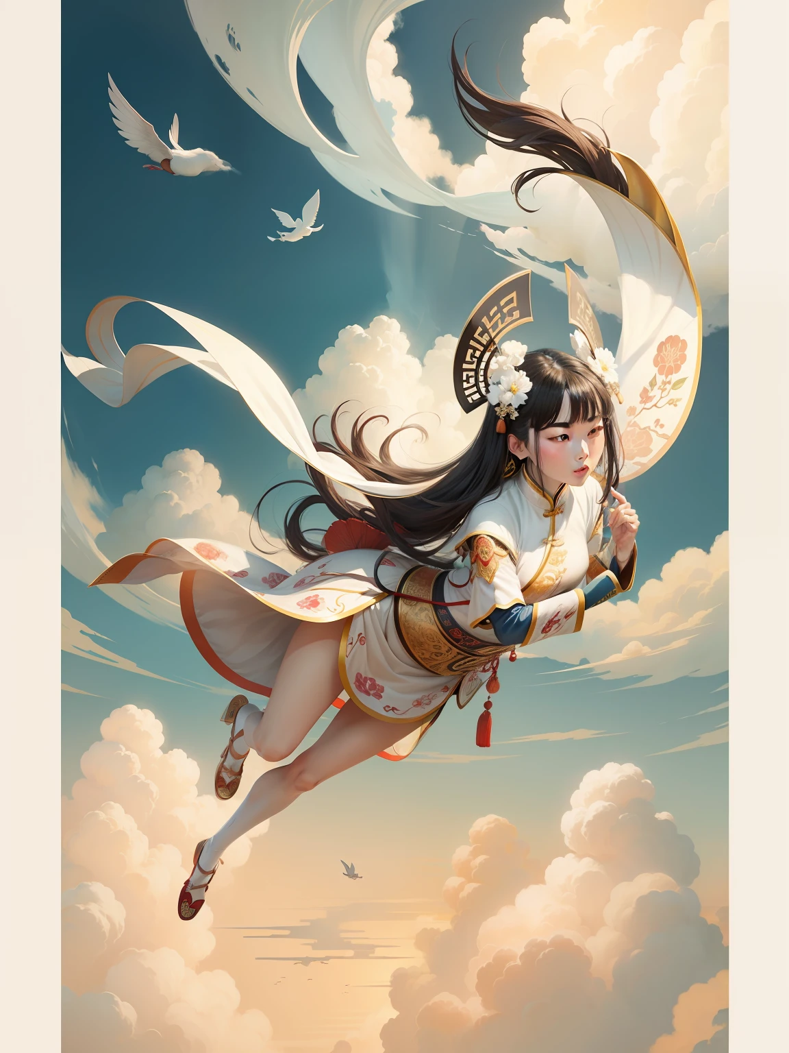 Chinese Tang Dynasty woman illustration, flying, clouds, white rabbit --auto