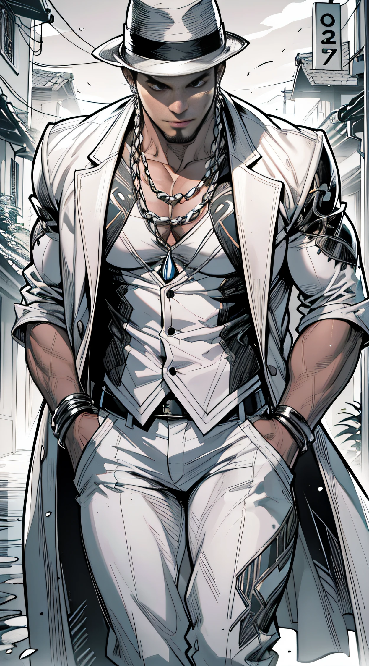 homem de terno e chapeu branco, ((Estilo: Jim Lee)), Comics, ultradetalista, detalhes, disco Rigido, 8k, (((sem mascara))), ((cor da pele: negra)), (((saltando sobre um rio))), em noite de luar, na floresta. --auto