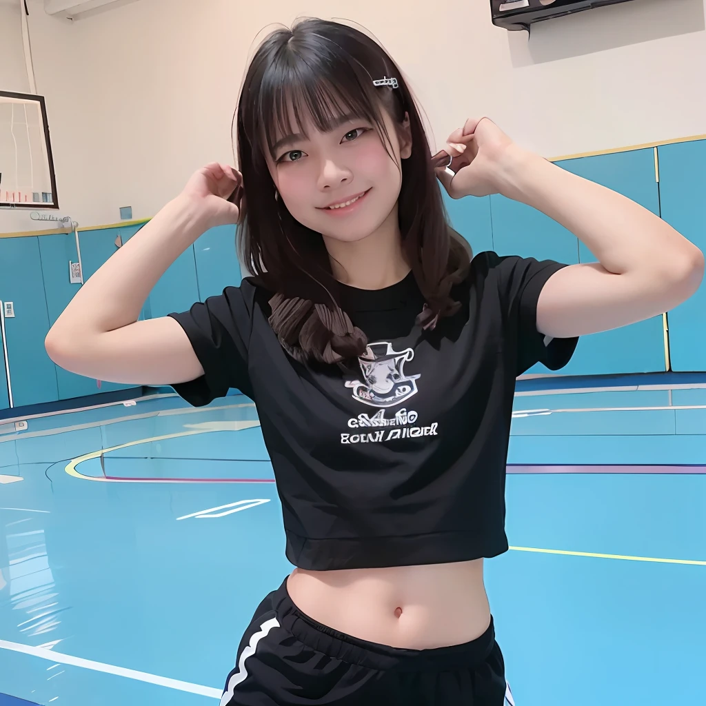 Schoolgirl with exemplary physique(nffsw)Long straight hair School-designated gym clothes(Blue T-shirt)(Black shorts)In the school gym she sees me and smiles happily.