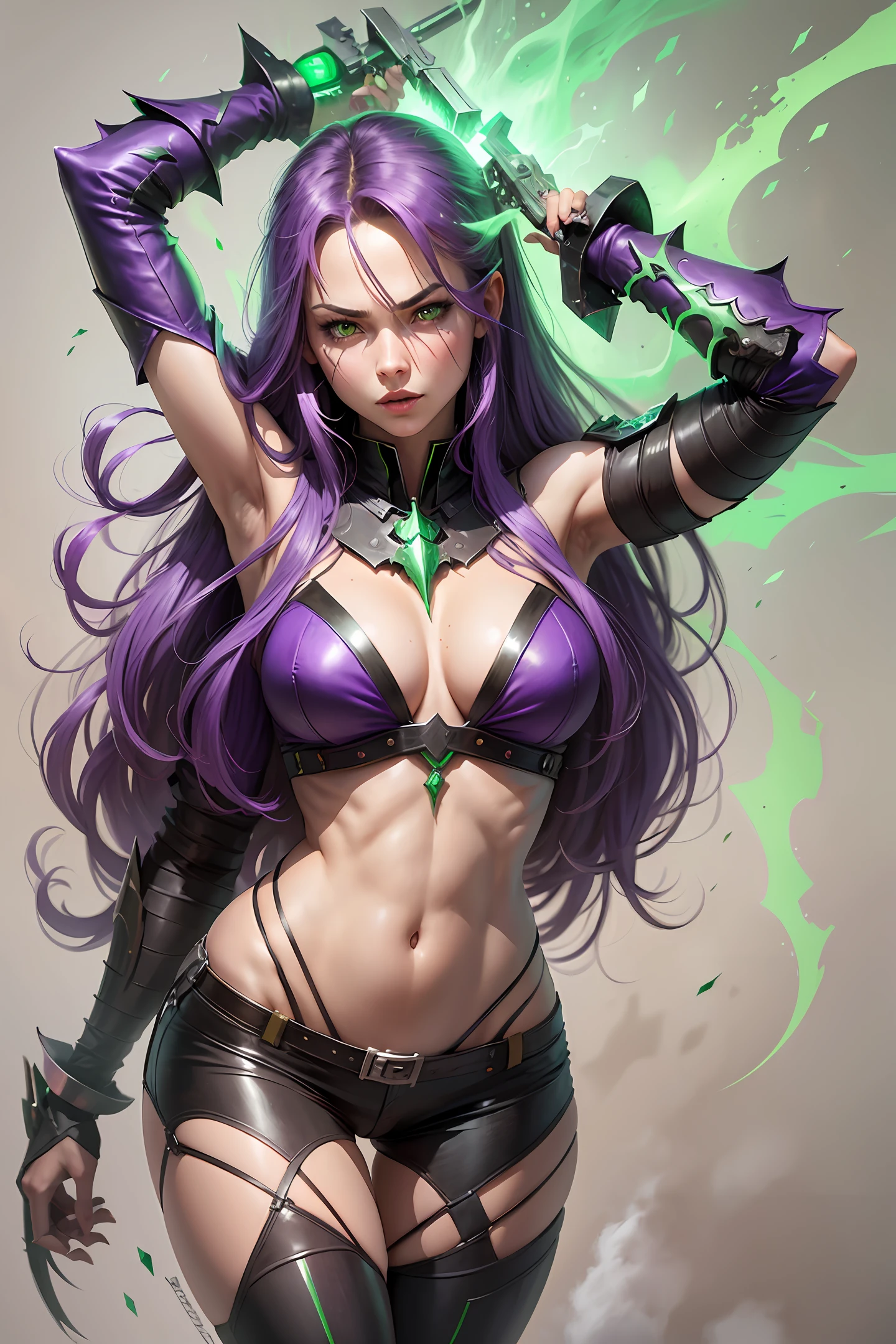 female demon hunter, realistic, double guns, purple long straight hair, green eyes --auto --s2