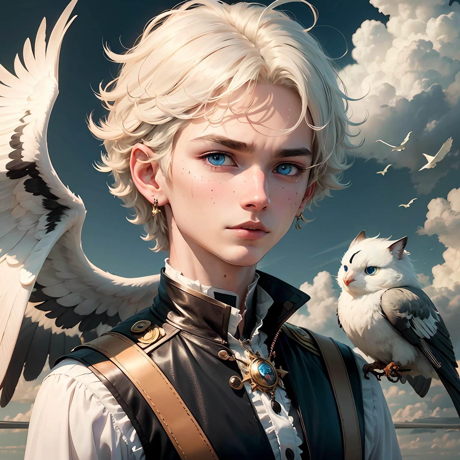 Top lighting, wonderland, Clouds, flying birds, boy, shoun, Shota, cute  face, Golden pupils, with short white hair, Gorgeous stud earrings, face expressionless, Highest image quality, A masterpiece, tmasterpiece, Amazing, good looks, Messy hair, A masterpiece, Detailed depiction of the face, playingcards, Beauty mole, Heterochromic pupils --auto