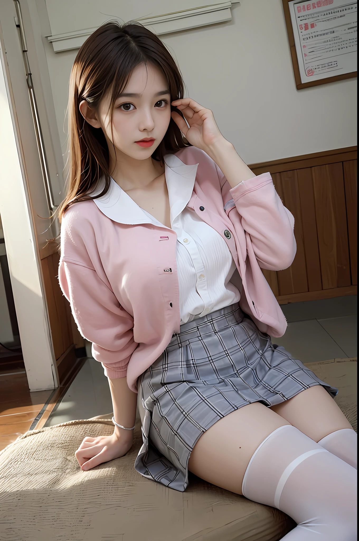 ((Night view.), realistic light, best qualit, Masterpiece:1.3)), 1girle, Beautiful woman with a slim figure: 1.4, (brown hair, Huge breasts: 1.4), Floor, Super detailed face, Detailed eyes, Double eyelidd, Asian woman posing for photo pink dress and white shirt, Japanese school uniform for girls, korean girl, japanese school uniform, Loose jacket collar sailor uniform, sakimichan, Amazing student uniforms, White fashion clothing, ulzzang, wearing japanese school uniform, Stylish white tights set, cute kawaii girl, Korean female fashion model, moaning, Bloom!, 8k --auto --s2