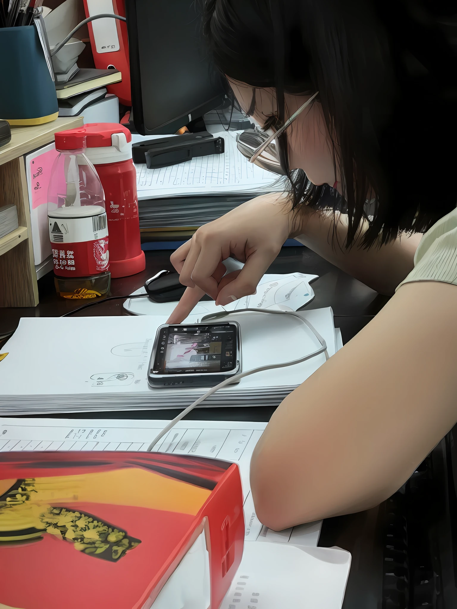 Woman sitting at desk with mobile phone,Animation style