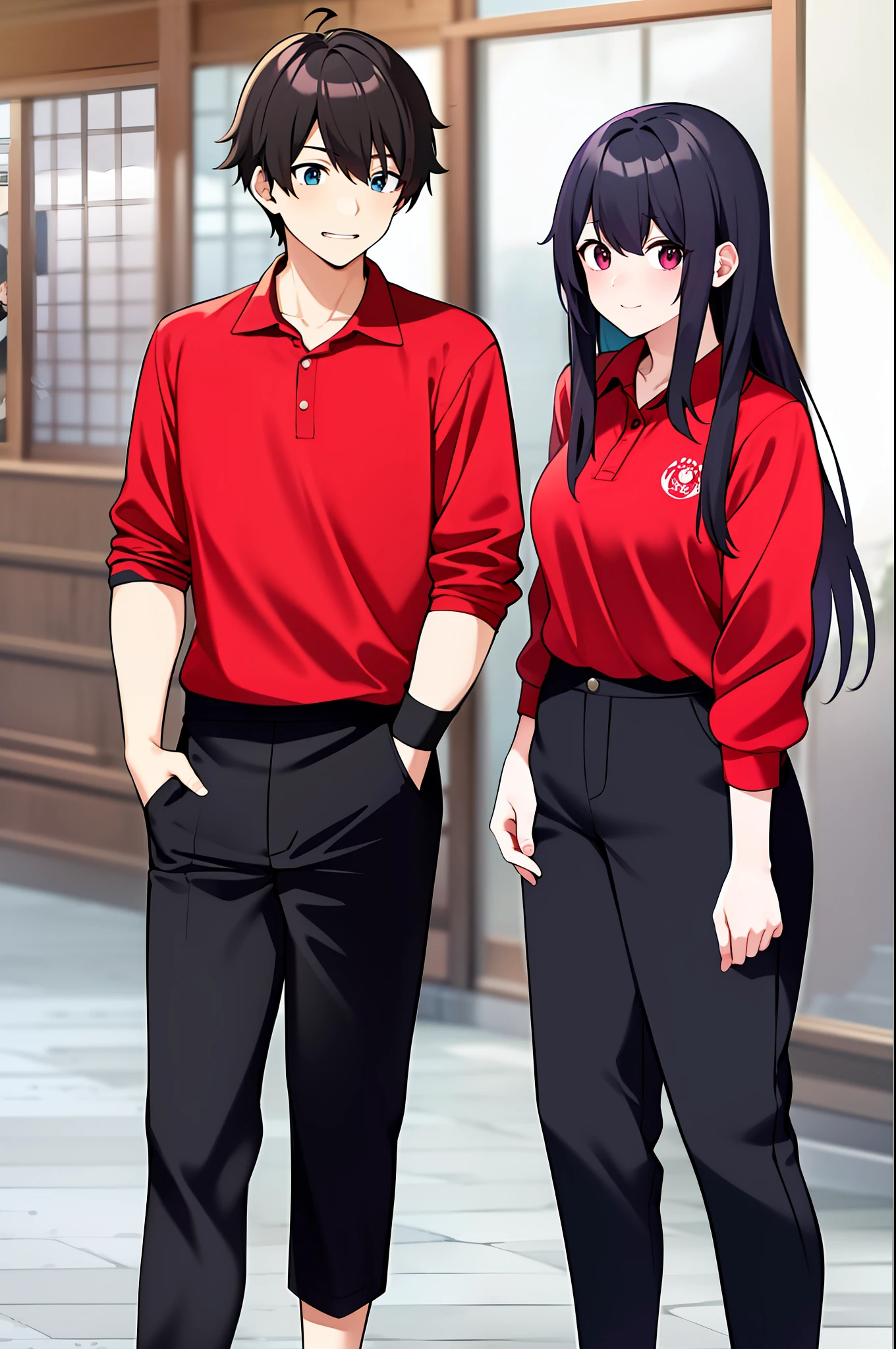 A masterpie、Anime filling、Anime couple in red polo shirt standing next to each other、A masterpie、Fine finish、beautiful eye、beautiful  face、Japan people、beautiful anime art、couple、fullllbody、Quality、Standing、fulllllbody、Black pants and red polo shirt