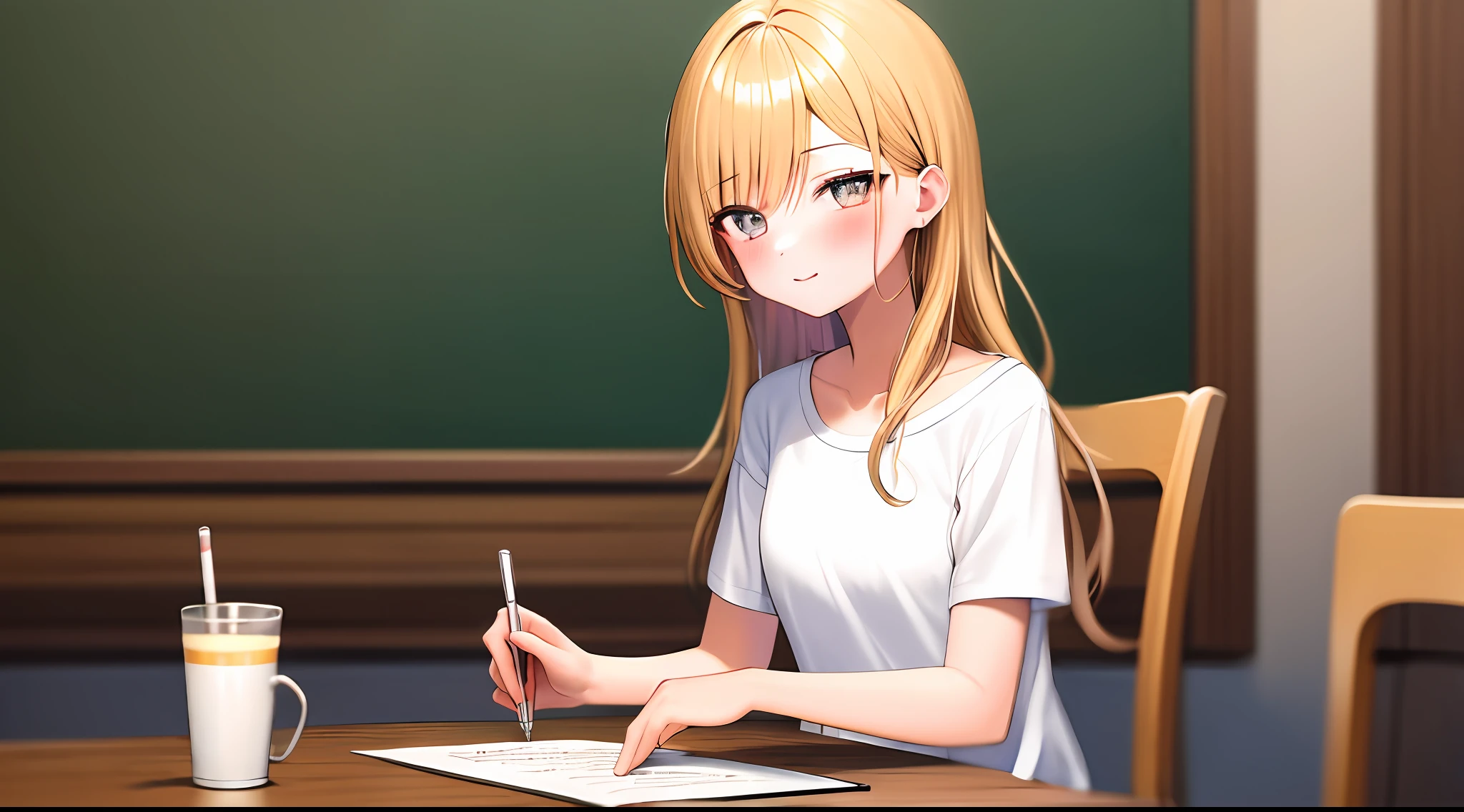 masterpiece, top-quality, hight resolution, a 1 girl, Loose white t-shirt、 Girl sitting on chair studying drafting at desk,、Beautie、cute little、Idol、Wink eyes