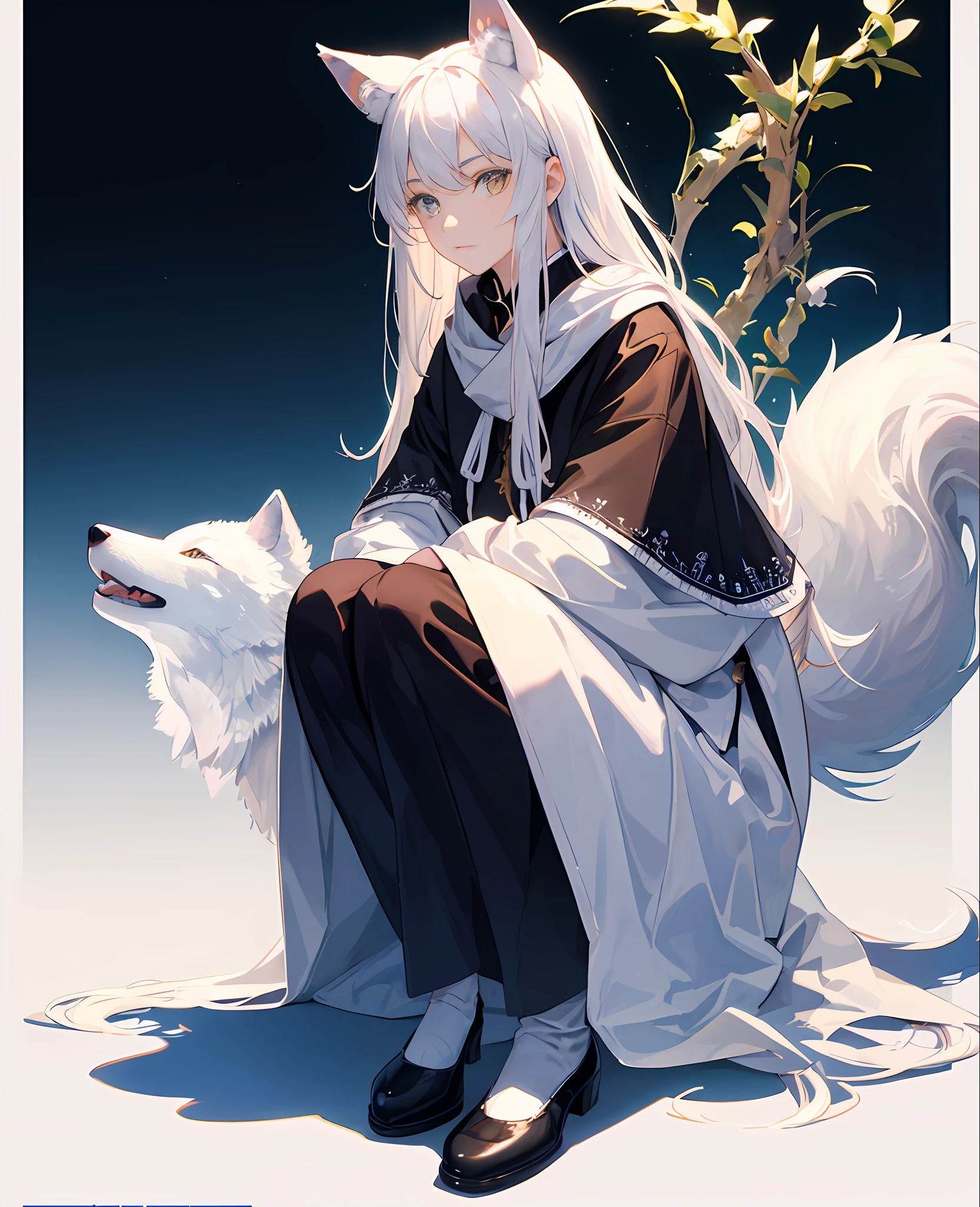 (((tmasterpiece))),(((Best quality))),Realistic and sophisticated,The white-haired girl crouched,There are white wolves around,Wolf ears and wolf tail,Deep eyes,The details are very real,The overall picture is perfect。