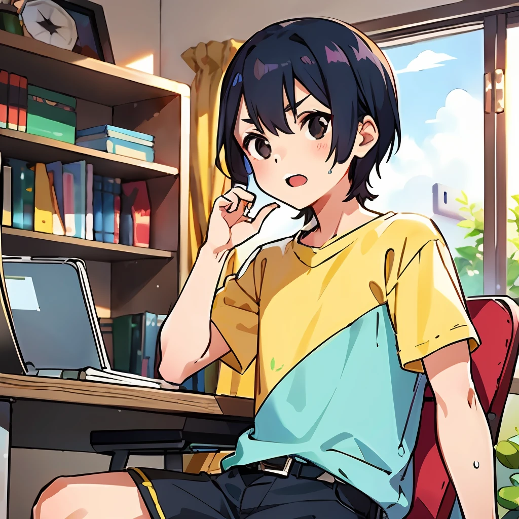 One Boy.
(masutepiece, of the highest quality, Kyoto Animation Style Illustration, of the highest quality, Official art, aesthetics, Beautiful details, :1. 2), BREAK, (A 27-year-old boy:1.5), Very detailed, colourfull, highest details, BREAK, Clear skin, Beautiful skin, Shy skin, with fringes, 1 boy, Black hair, ( Very short hair: 1. 2), (Black eyes, long eyelashes, Double eyelids: 1. 2), Solo, BREAK,
Fan shaking his head to blow wind into the room.
A girl is one girl.
T-shirt and shorts. Sweat.
girl's own room, bed, desk work, Chair, DVR, Shelves with small items.
Fan shaking his head to blow wind into the room.
The girl sits in front of the fan, Mouth wide open, Shouting at fans
「Ah!'
Summer scenery.