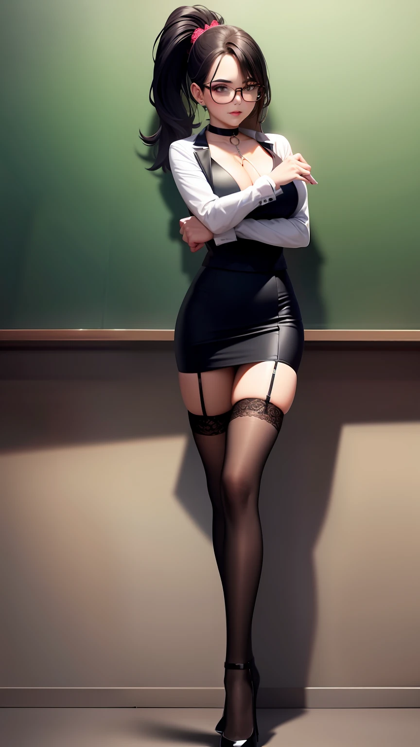 Girl in suit, full body shot hyperdetailed, Superskirt，huge tit，Bare chest，choker necklace，eye glass，High ponytail，White heels，lacy stockings，Lace，Lolita，Slender legs，Perfect legs、Seductive pose，Erotic，Highest image quality，tmasterpiece，Stand in the classroom，Stand in front of the blackboard