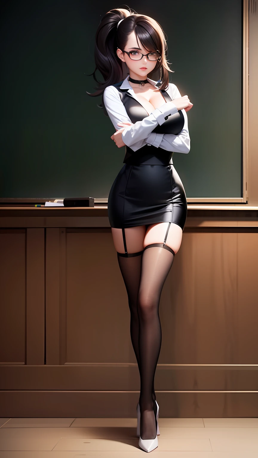 Girl in suit, full body shot hyperdetailed, Superskirt,huge tit,Bare chest,choker necklace,eye glass,High ponytail,White heels,lacy stockings,Lace,Lolita,Slender legs,Perfect legs、Seductive pose,Erotic,Highest image quality,tmasterpiece,Stand in the classroom,Stand in front of the blackboard