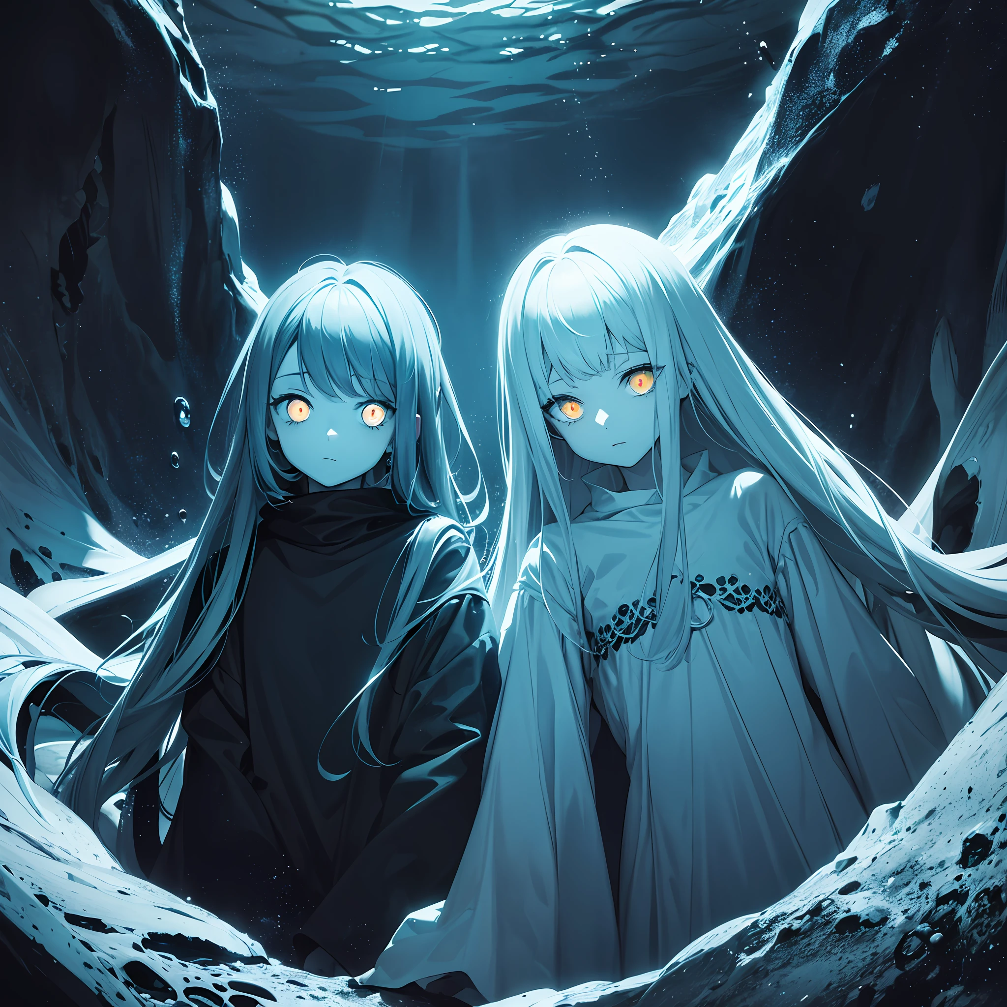 a monster in the deep sea, very deep under the sea,very dark, their eyes are glowing, dark ambience, eerie, creature, deep, fears, ocean, extreme pressure